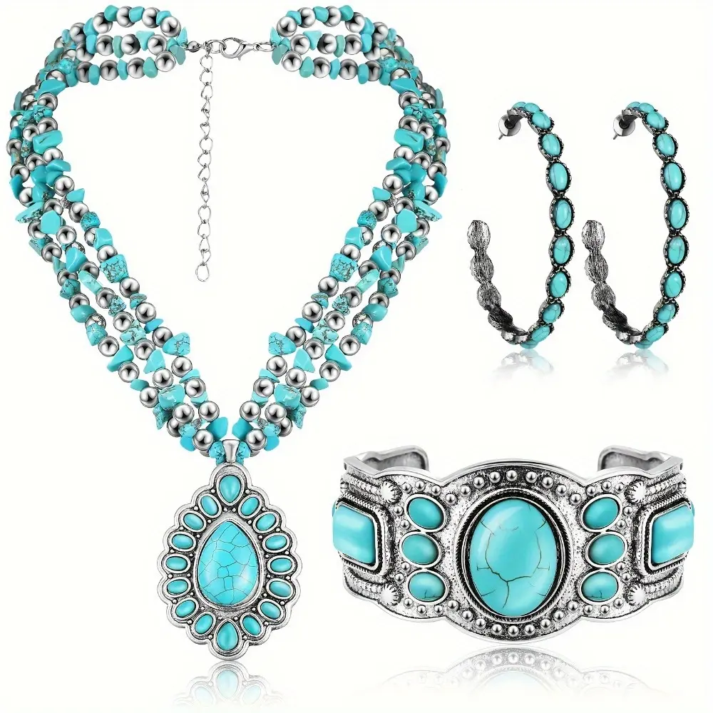 3-Piece Western Bohemian Jewelry Set for Women, Tiered Turquoise Beaded Chocker Necklace, Bracelet, & Hoop Earrings for Daily Wear