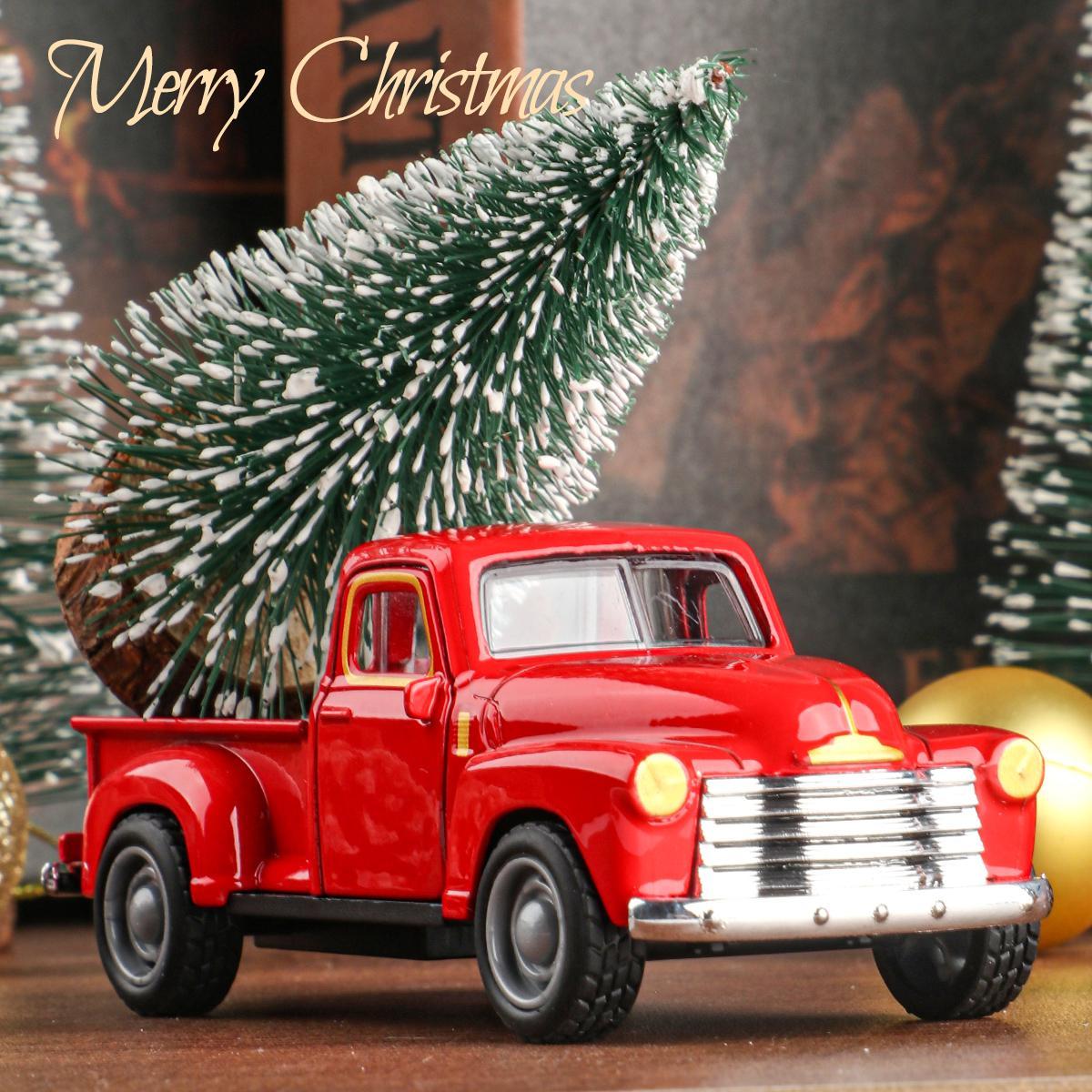 Mini truck+Christmas tree 2-piece ornament set; a good thing for home atmosphere decoration; living room and office desk ornamen