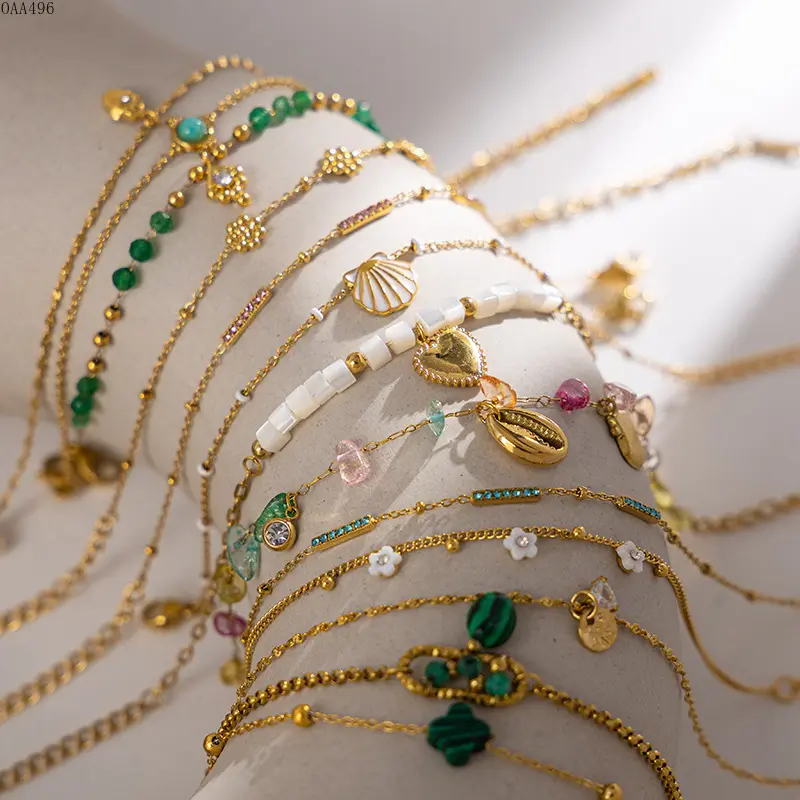 18K Gold Plated High Color‑Retention Titanium Steel Bracelet for Women, Ins‑style Stackable Premium Wrist Accessory decorated with natural stone and conch charm. Sleek high‑end texture matches multiple outfits, chic ocean‑inspired daily jewelry perfect fo