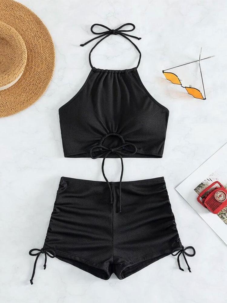 2026 High Waist Suspender Strap Split Swimsuit Women's Summer Flat Angle Sports Beach Bikini
