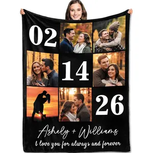 Personalized Photo Blanket with Custom Name & Date, Soft Plush Blanket, Anniversary Gift, Birthday Gift for Him Her, Couple Throw Blanket