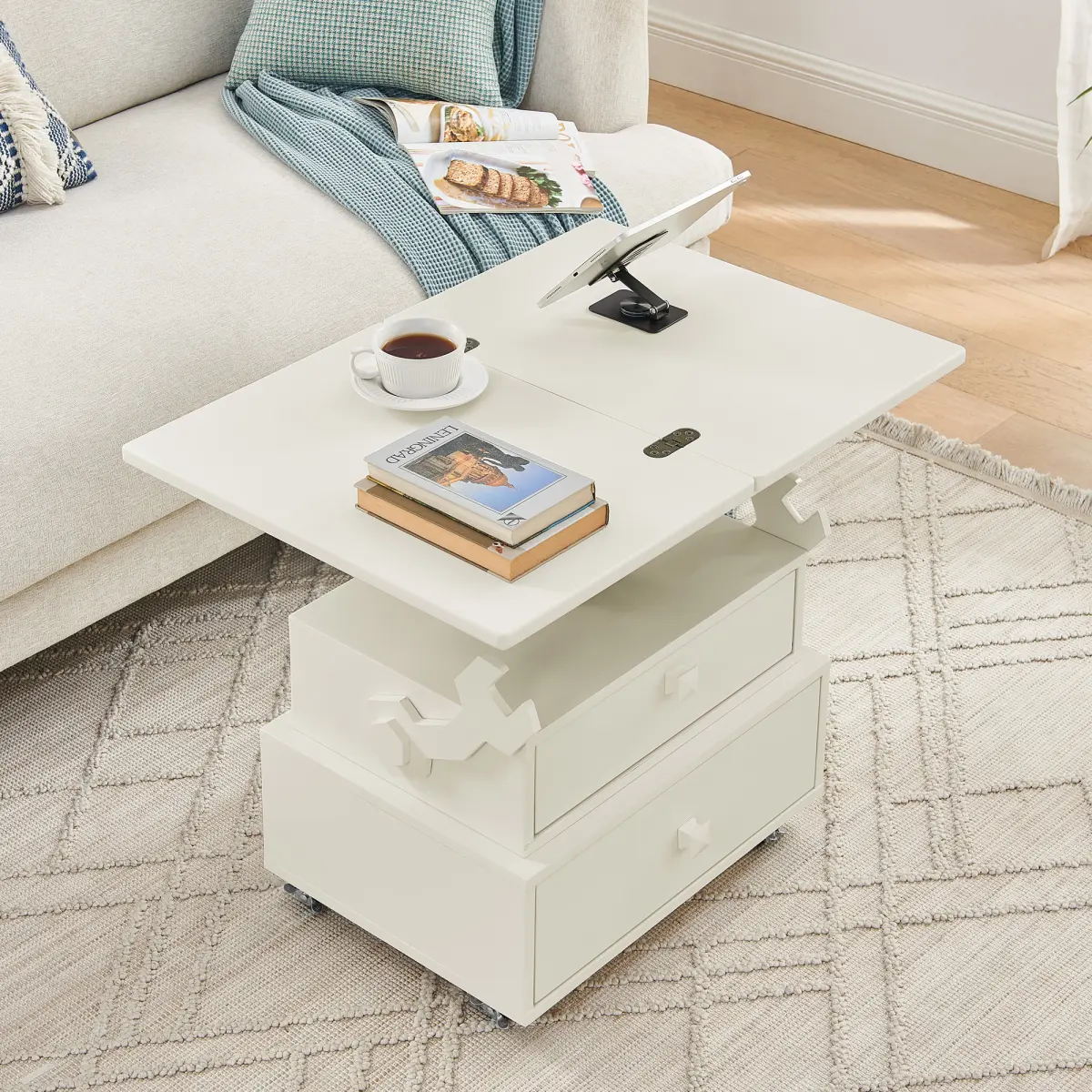 Lift Top Side Table with USB Ports and AC Outlets, Nightstand, Height Adjustable Rolling End Table with Drawers, Flip-Top, Lockable Casters, High-Gloss for Small Spaces (White)