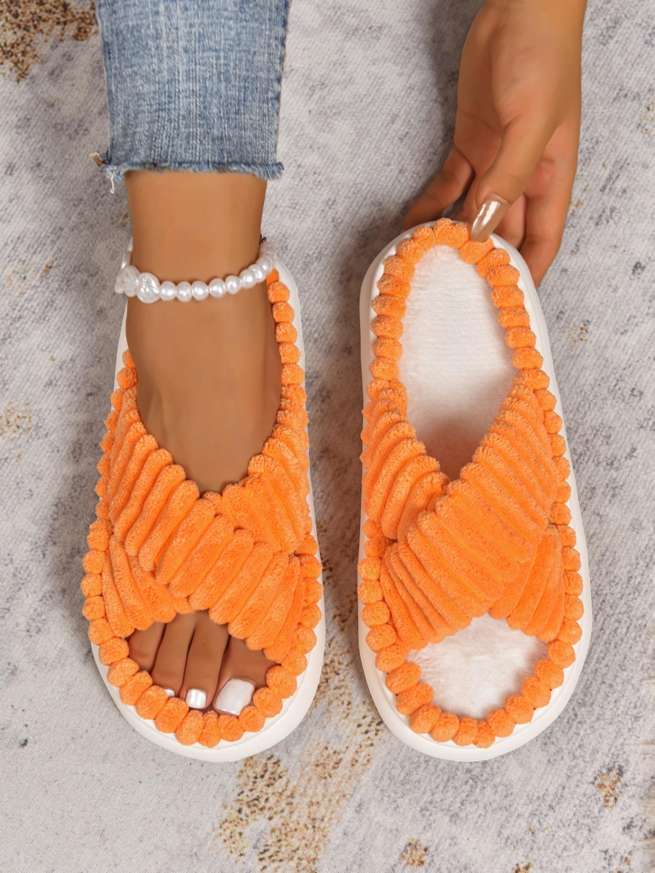 New Large Size 36-45 Casual Fashion Cross Strap Women's Comfortable Warm Thick Sole Slippers, Stylish Home Shoes for Fall & Winter, Cozy Bedroom Slippers