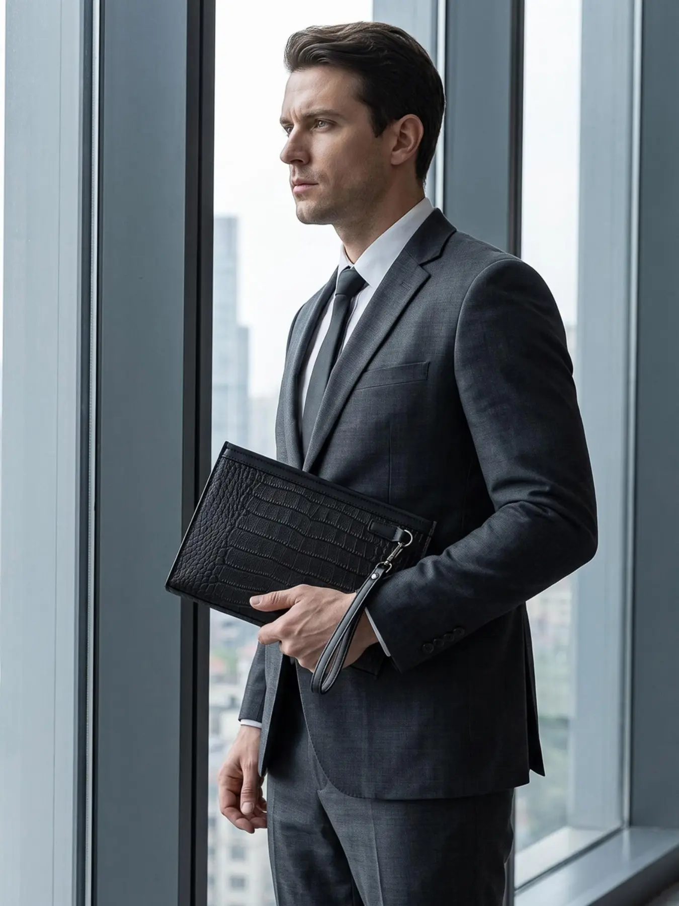 Men's Crocodile Pattern Handbag, Large Capacity Business Wrist Bag, Travel Office Zipper File Pouch, Stylish and Functional Accessory