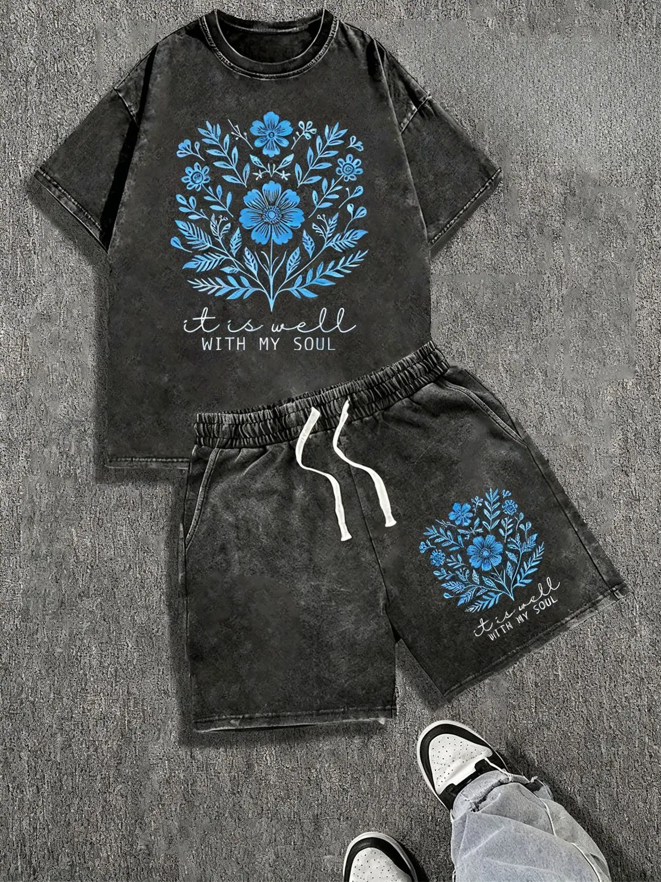 Men Women Vintage Streetwear Set, Acid Wash Blue Floral Print Round Neck T-Shirt, Elastic Waist Drawstring Shorts, Summer Casual