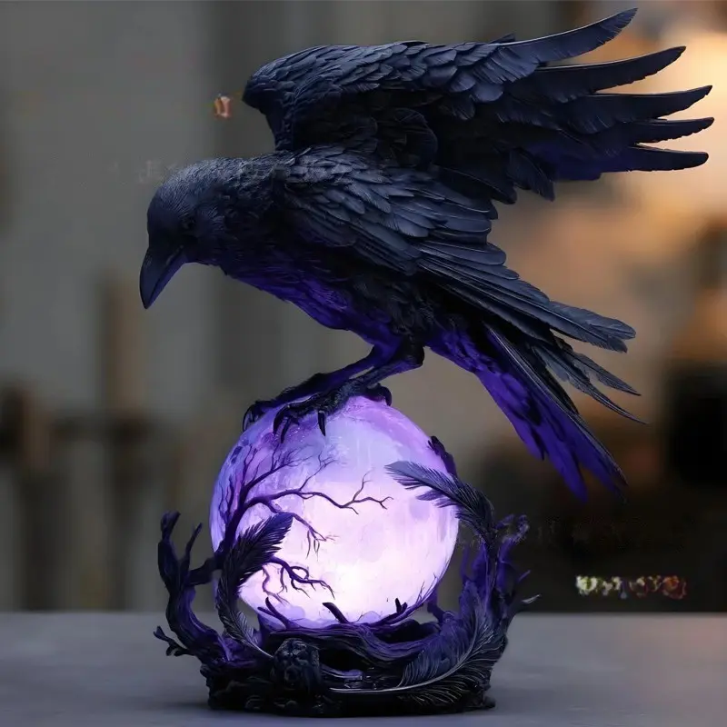 Gothic-style resin crow night light, powered by USB, dark and retro decorative bedside lamp, mysterious Halloween home decoration item, exclusive unique gift for goth enthusiasts