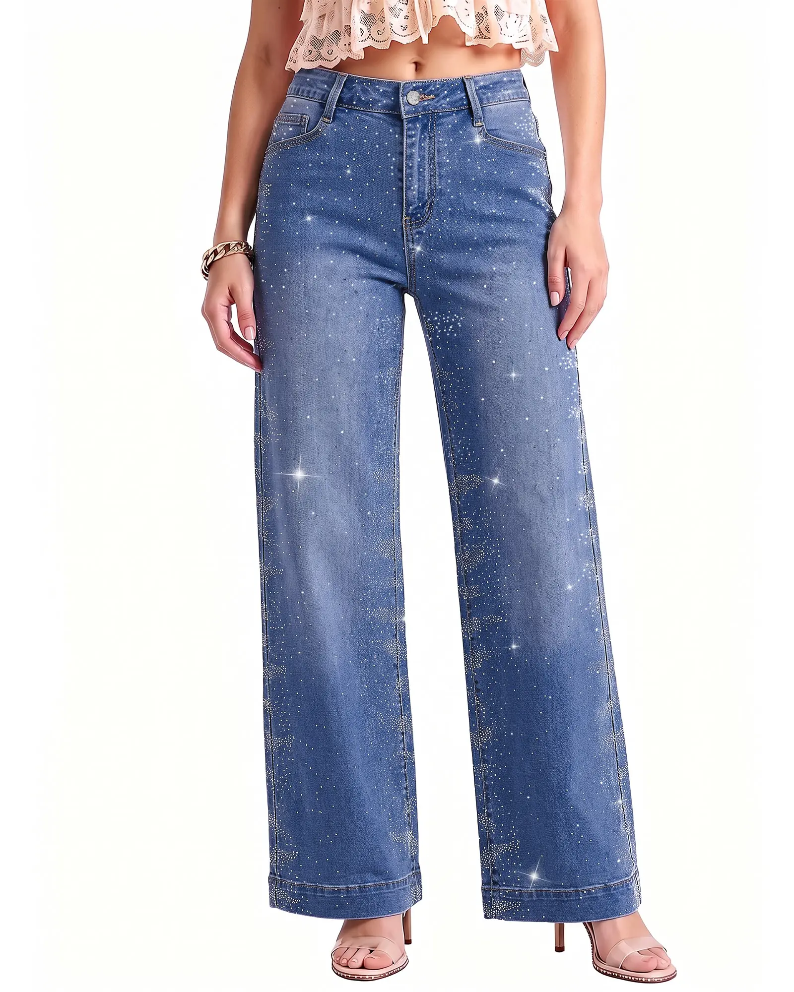 luvamia Wide Leg Rhinestone Jeans for Women High Waist Stretchy Denim Pants Sparkly Bling Jeans, Rhinestone Embellished, Baggy Straight Leg, 29.5" Inch Inseam, Trendy, Party, Night Out, Concert Outfits