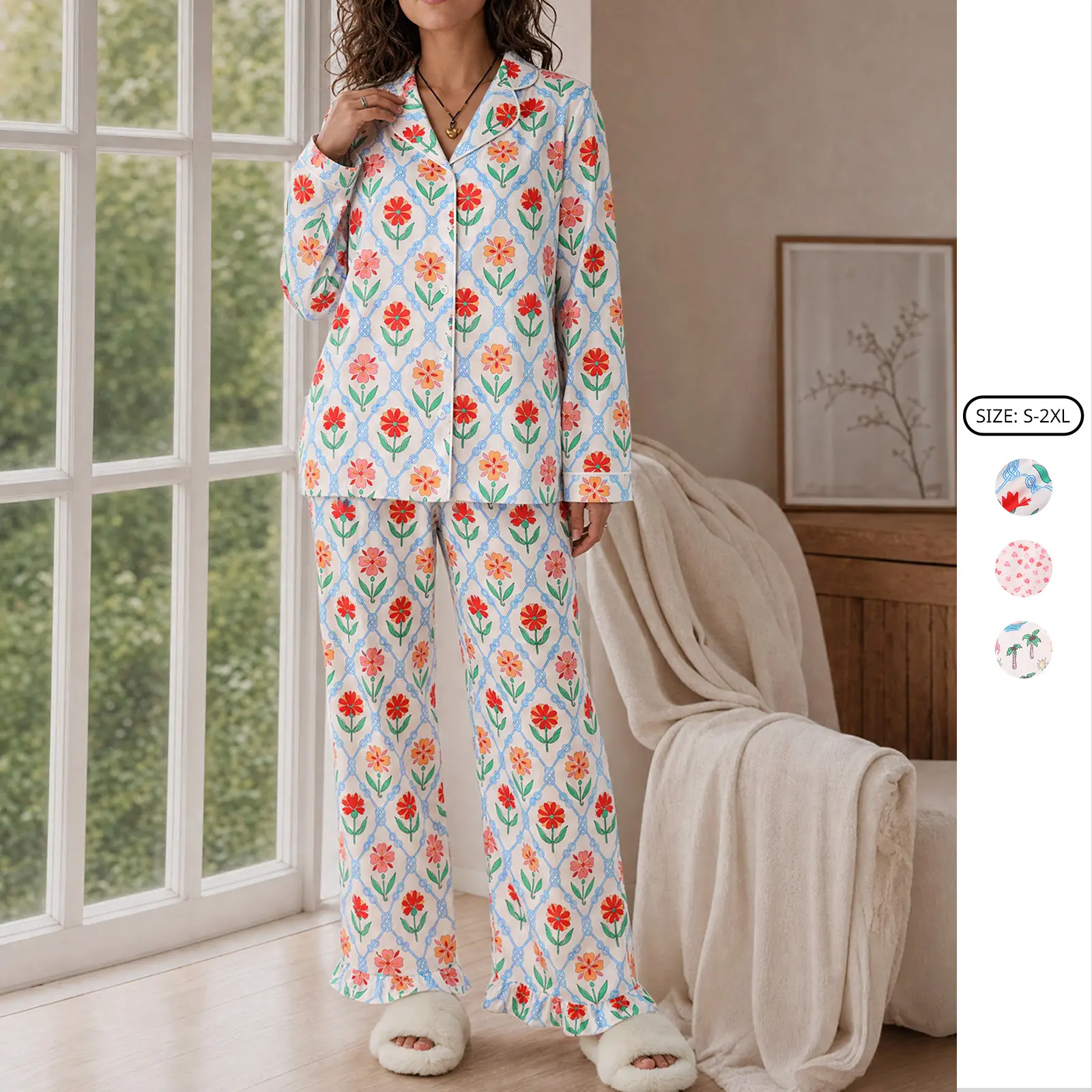 Imily Bela Womens Pajamas Set Cute Floral Print Long Sleeve Button Down Shirt and Pants Loungewear Sleepwear