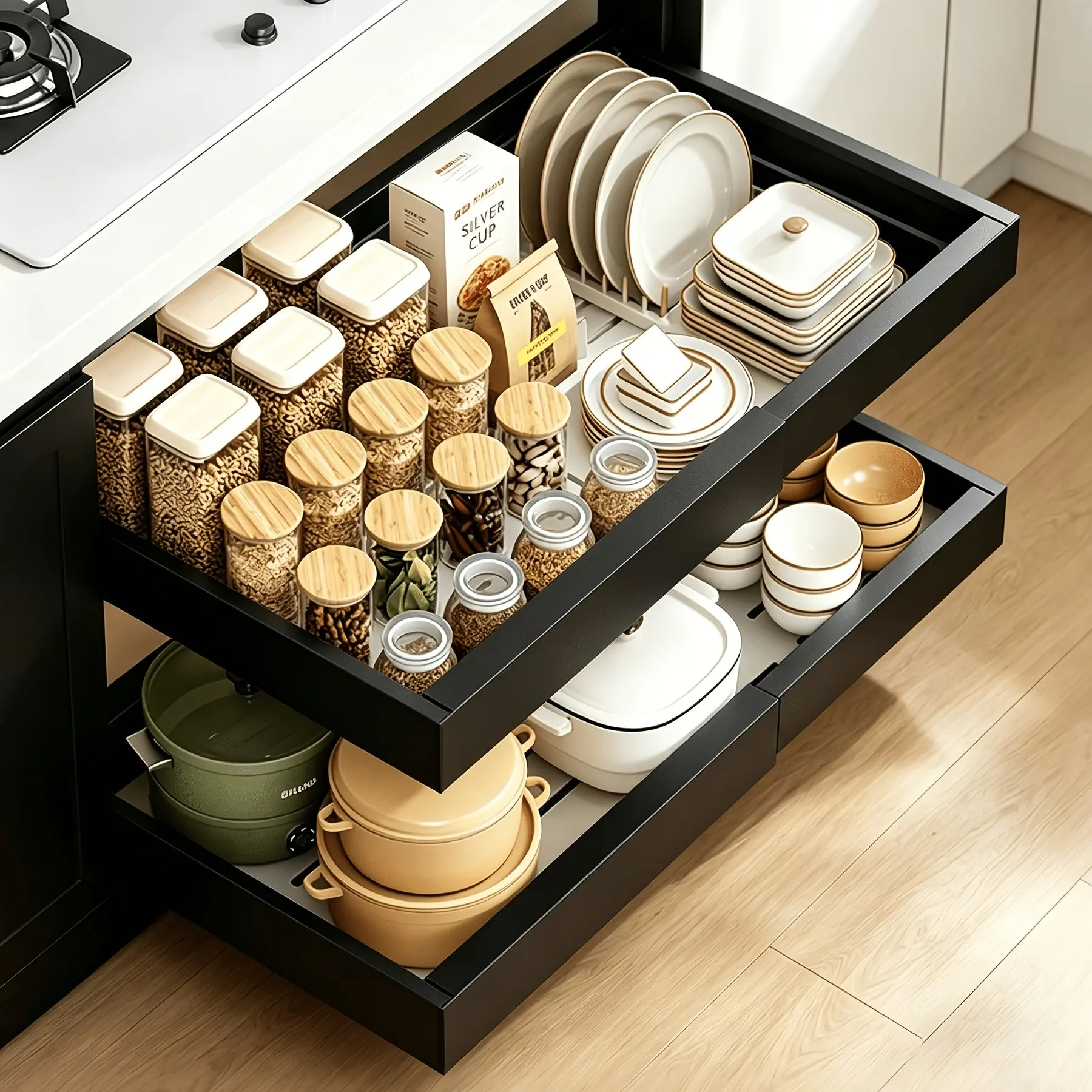 Pull-Out Adjustable Storage Rack, Kitchen Sink Under Cabinet Organizer, Bowl Holder, Spice Rack, No Drilling, Suitable for Kitchen, Bathroom, Restaurant