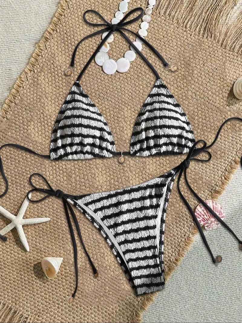 Two-Piece Set Women's Leopard Print Textured Bikinis Set, Casual Halter Triangle Bra & Tie Side Panty, Summer Beach Holiday Vacation Swimwear Set for Women, Tie Back Bikini, Halter Bikini Swimsuit