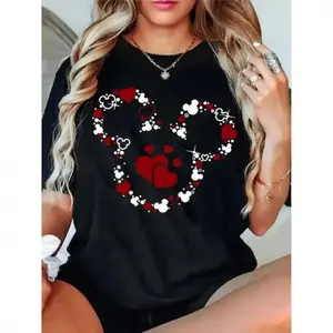 Women's Black Cotton Graphic Print T-Shirt with Heart and Mickey Mouse Inspired Design Casual Crewneck Shortsleeve Tee for Stylish Comfort and Trendy Everyday Wear Perfect Gift Idea Womenswear Tshirt Top Streetwear Top Streetwear Summer Fitted