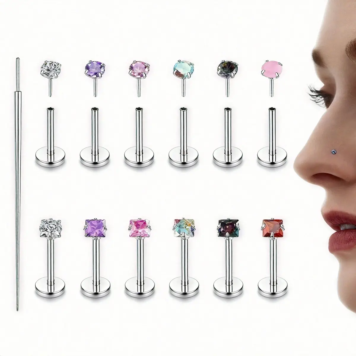 12pcs Surgical Stainless Steel Hypoallergenic Threadless 2D Flat CZ Push-In Flat Back Nose Rings, Unisex Body Jewelry for Nose Piercings, Helix, Tragus, Conch, Labret/Lip Piercings