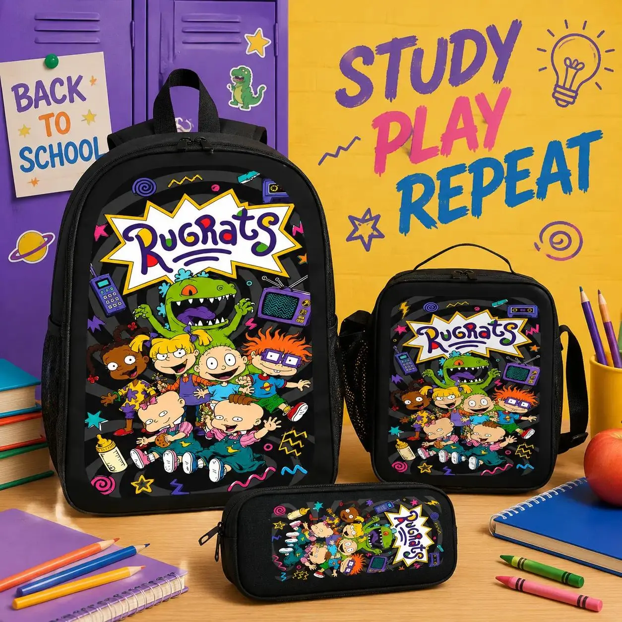 Cute Graphic Rugrats Cartoon Backpack Set - 3-Piece Design with Lunch Box, Pencil Case, Built-in Organizer, Casual Daily Use Backpack for Kids, Back to School Gift, Holiday, Elementary School, Great Back To School Gift