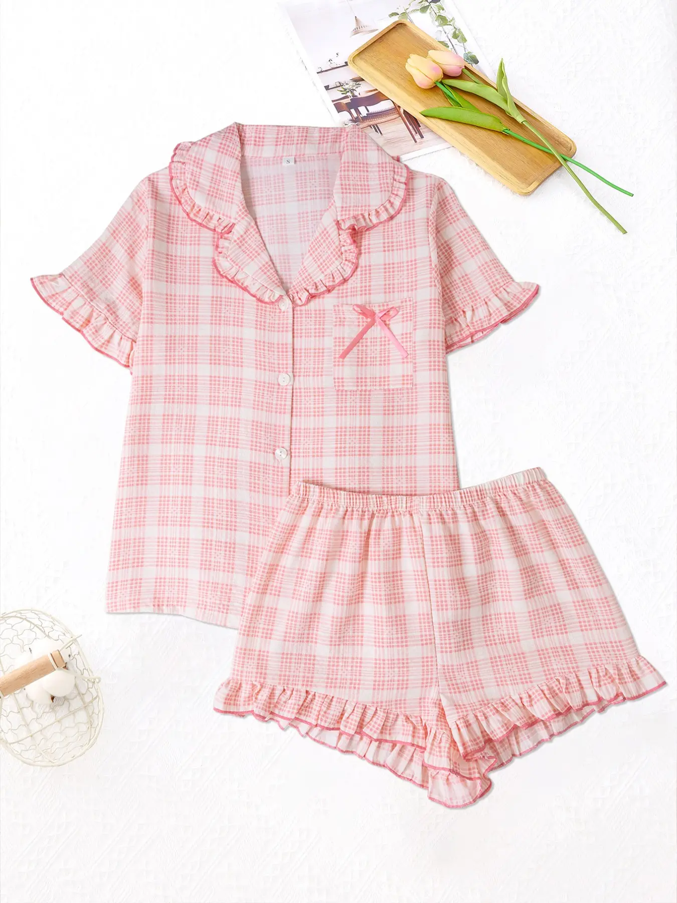Women's Home Wear Set, Pleated Peter Pan Collar Plaid Print Youthful Turn-Down Open Front Short Sleeve Top and Matching Shorts Pajama Two-Piece Set