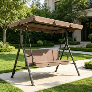 Brown 3-Seat Outdoor Canopy Swing Chair - Steel Frame Patio Swing with Adjustable Canopy for Patio, Garden