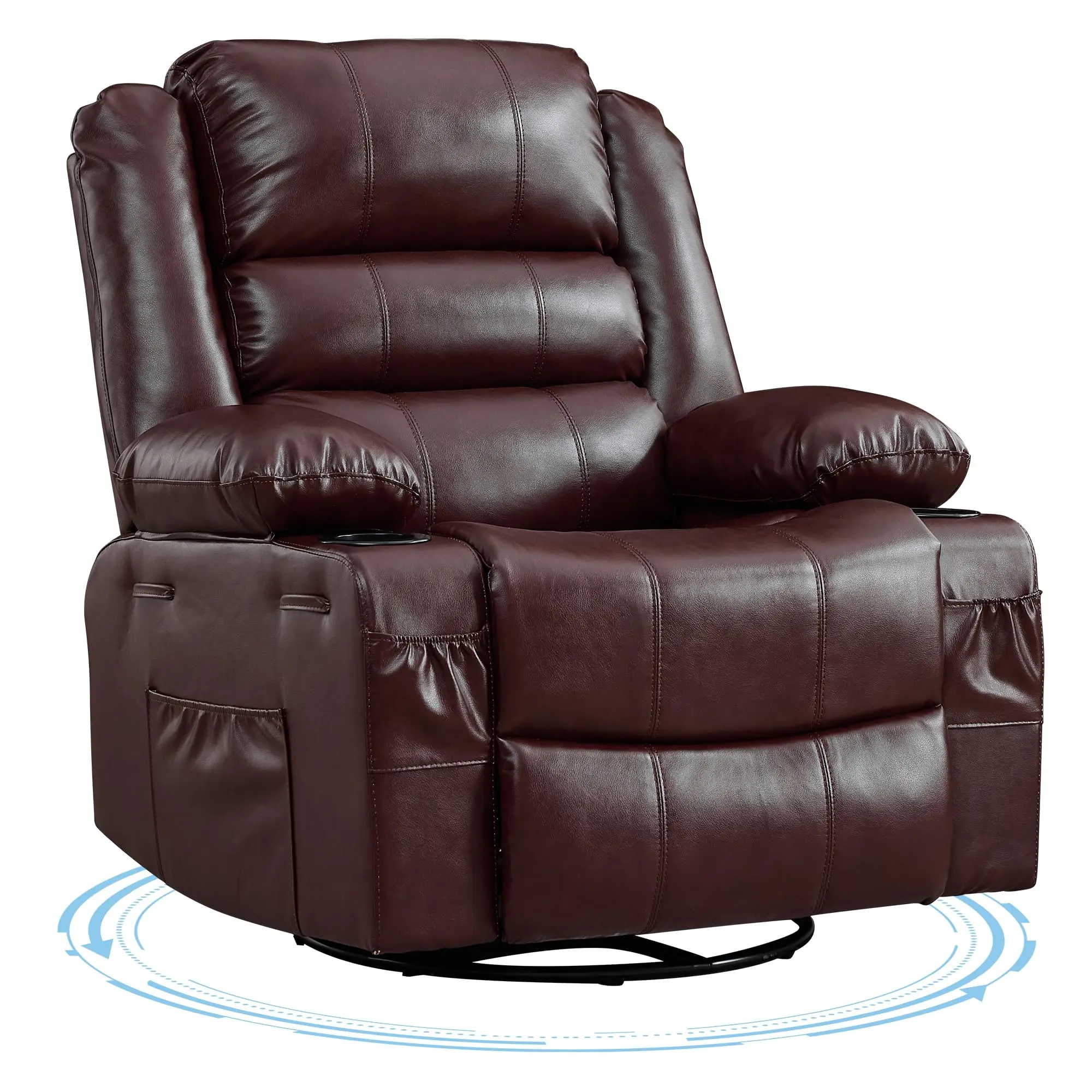 Manual Rocking Recliner Chair for Adults – Wide 360° Swivel Rocker Recliner with Cup Holder, Nursery Glider with Upholstered Deep Seat PU Leather Comfy Single Sofa for Living Room