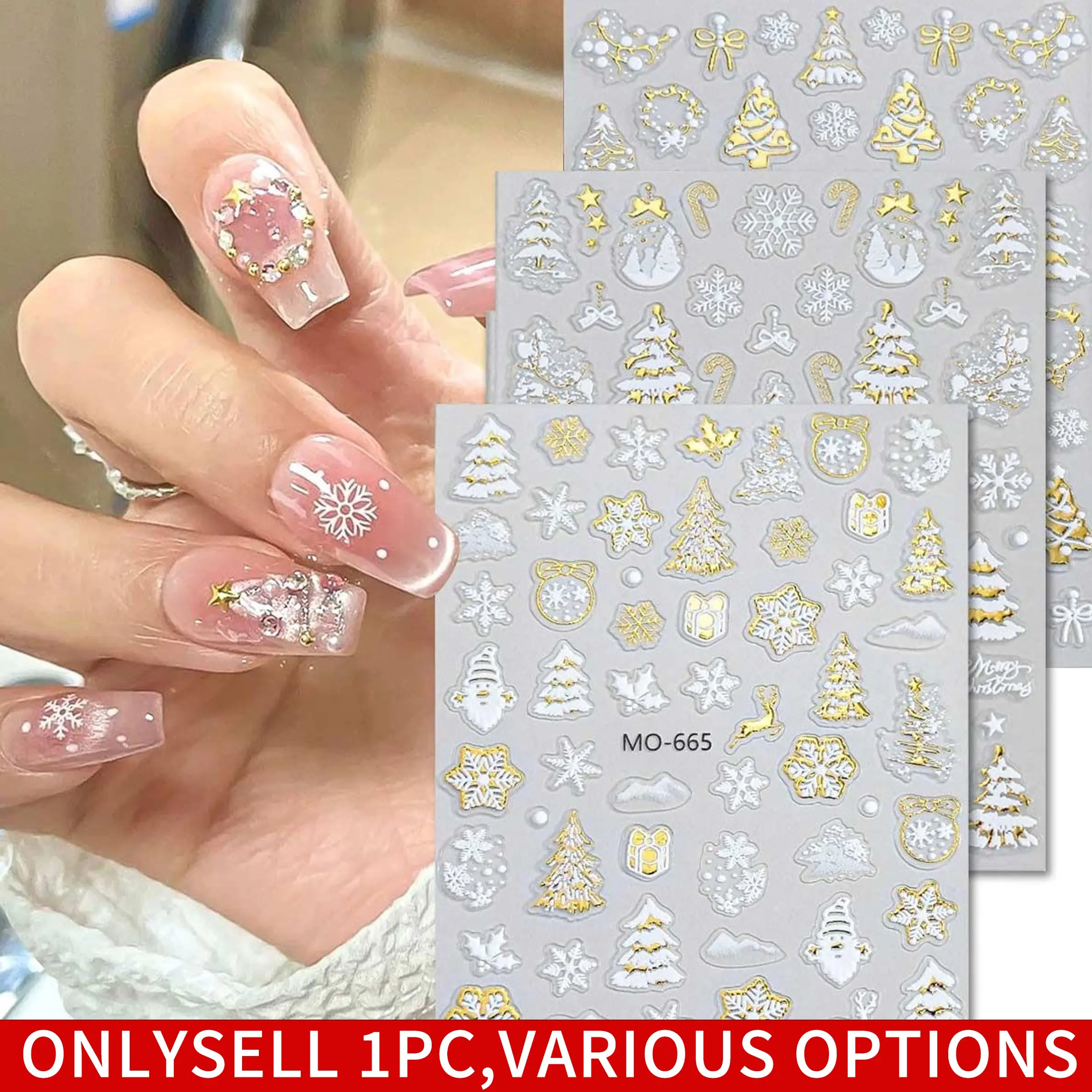 1/3pcs Golden&White Christmas Ball Winter Snowflake Tree Candy Self-adhesive Nail Stickers Hot Stamping Cartoon Cute Elk New Year Holiday Nail Supplies DIY Nail Art Decoration