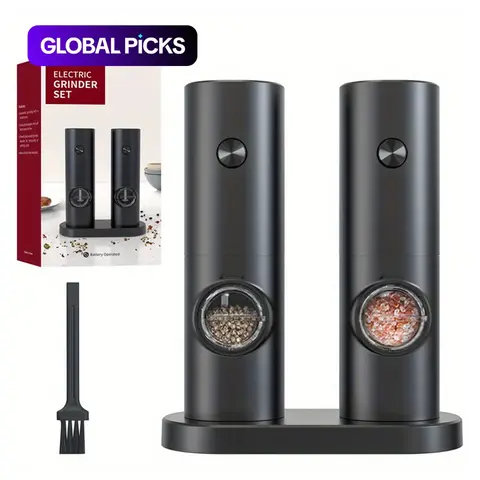 Electric Salt and Pepper Seasoning Grinder Set, 1- or 2-Count Battery-Powered Adjustable Grinder with LED Light, Base & Brush, Kitchen Gadget Gift, Kitchenware, Cooking, Batteries Not Included #GLOBAL PICKS