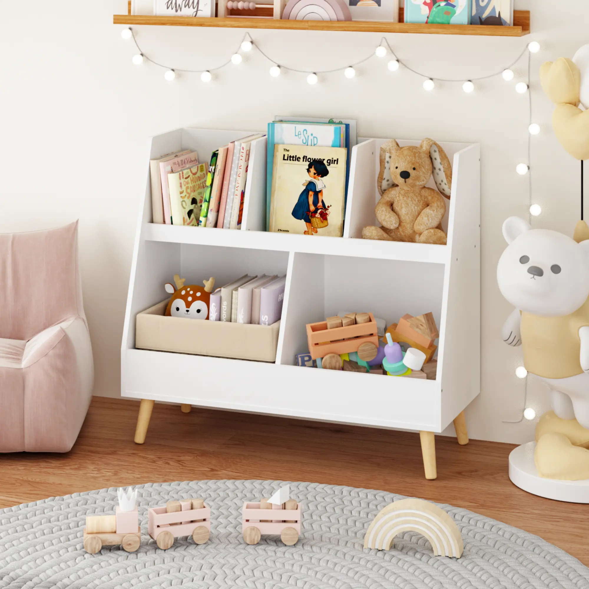 ARCH Kids Wooden Open Cubbies Storage Bookshelf & Toy Organizer - 5-Cubby, 2-Tiered Shelf Freestanding Unit with Legs, Assembly Required, Easy Access for Toddlers and Young Children, Sturdy and Long-Lasting, White Nursery Playroom Furniture