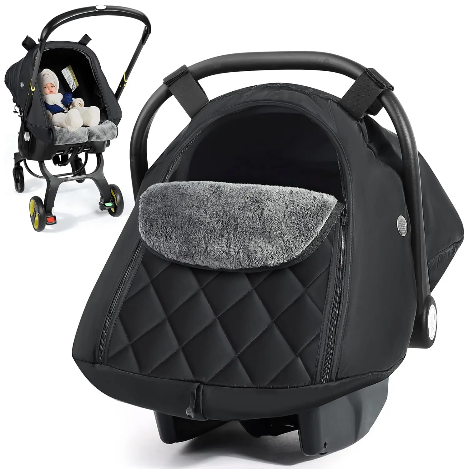 Baby Car Seat Cover - Waterproof Canopy for Doona Car Seat & Stroller, Breathable Winter Infant Cover with Zipper Access Canopy Style, Windproof, Black Winter Baby Essential