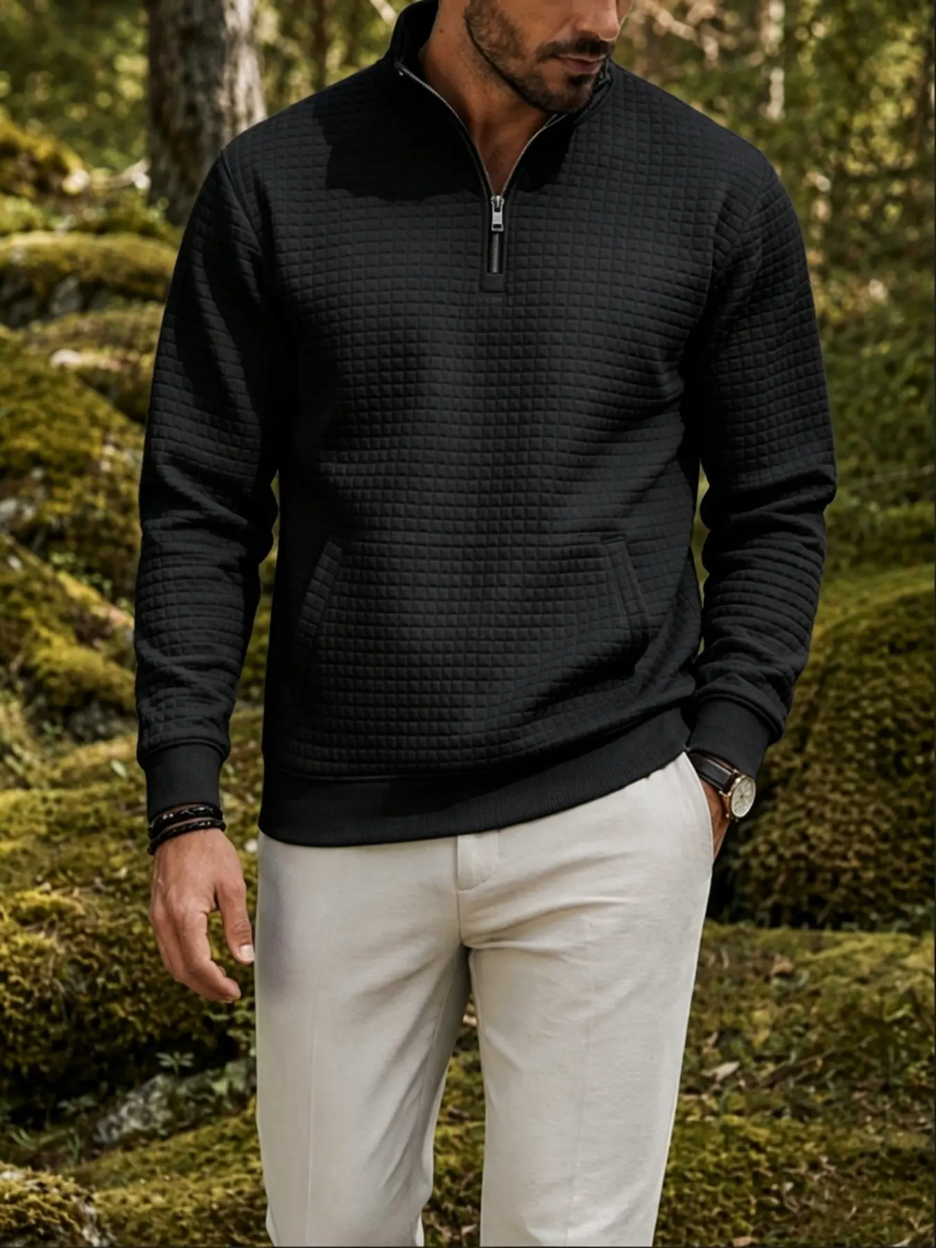 Men's Waffle Knit Pullover Sweatshirt, Loose, Long Sleeve, Zipper Design, Fashionable and Simple, Casual Style for Outdoor Daily Wear