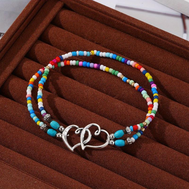Boho Chic 3Pcs Set Women's Beaded Heart Charms Multi-layer Anklet Exquisite Double-Layer Beaded Heart Anklet for Summer Vacation Beach Wedding Party Jewelry Gift