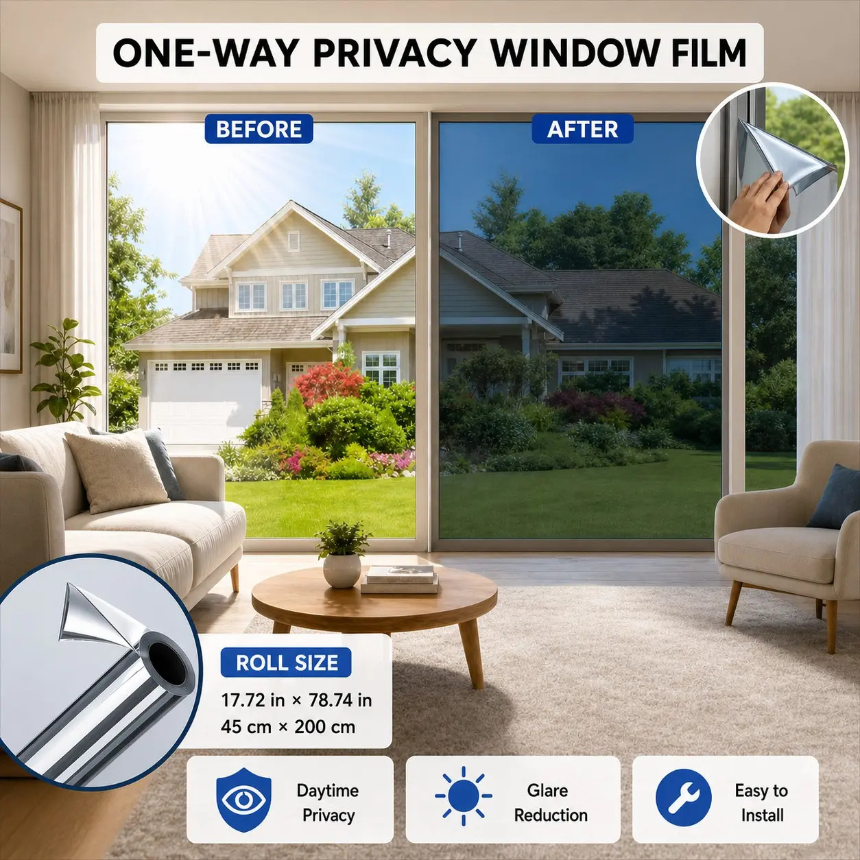Privacy Window Film, Single Directional Reflective Insulating Sunscreen UV Protection, Non-Sticky Heat Control Glass Door Cover, Home Office Use