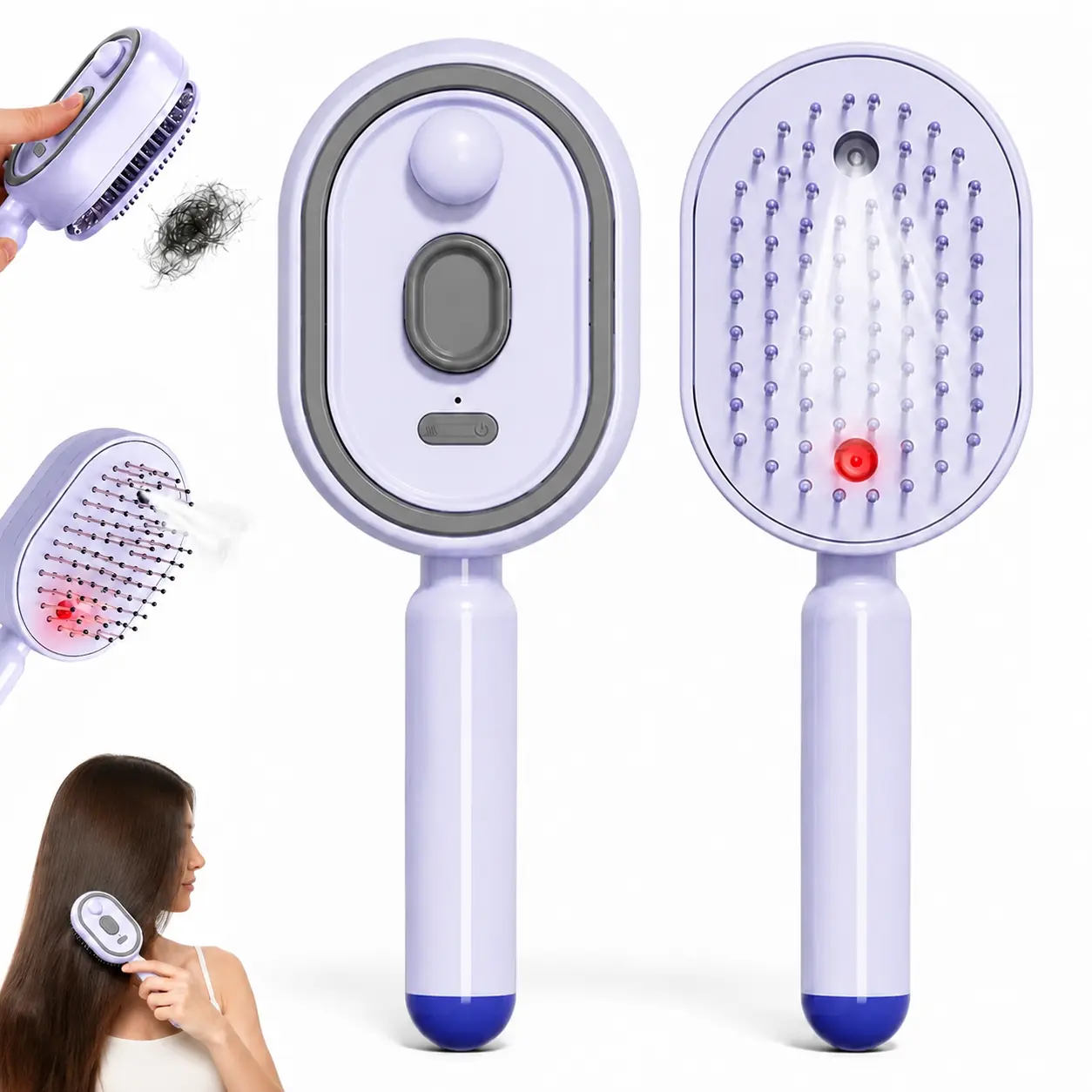 Electric Spray Air Cushion Hair Brush – Self-Cleaning Anti-Static Detangling Comb, Essential Oil Mist Spray & Scalp Massage, Rechargeable Steam Brush for Dry Frizzy Hair, Home Travel Use