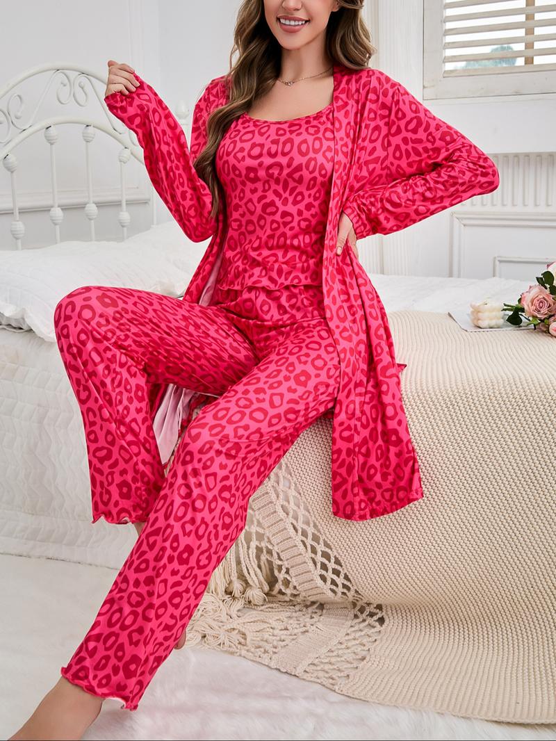Women's All Over Leopard Print Pajama Three-Piece Set, Casual Comfy Lounge Set for Women, Comfy Loungewear Set for Daily Home Wear