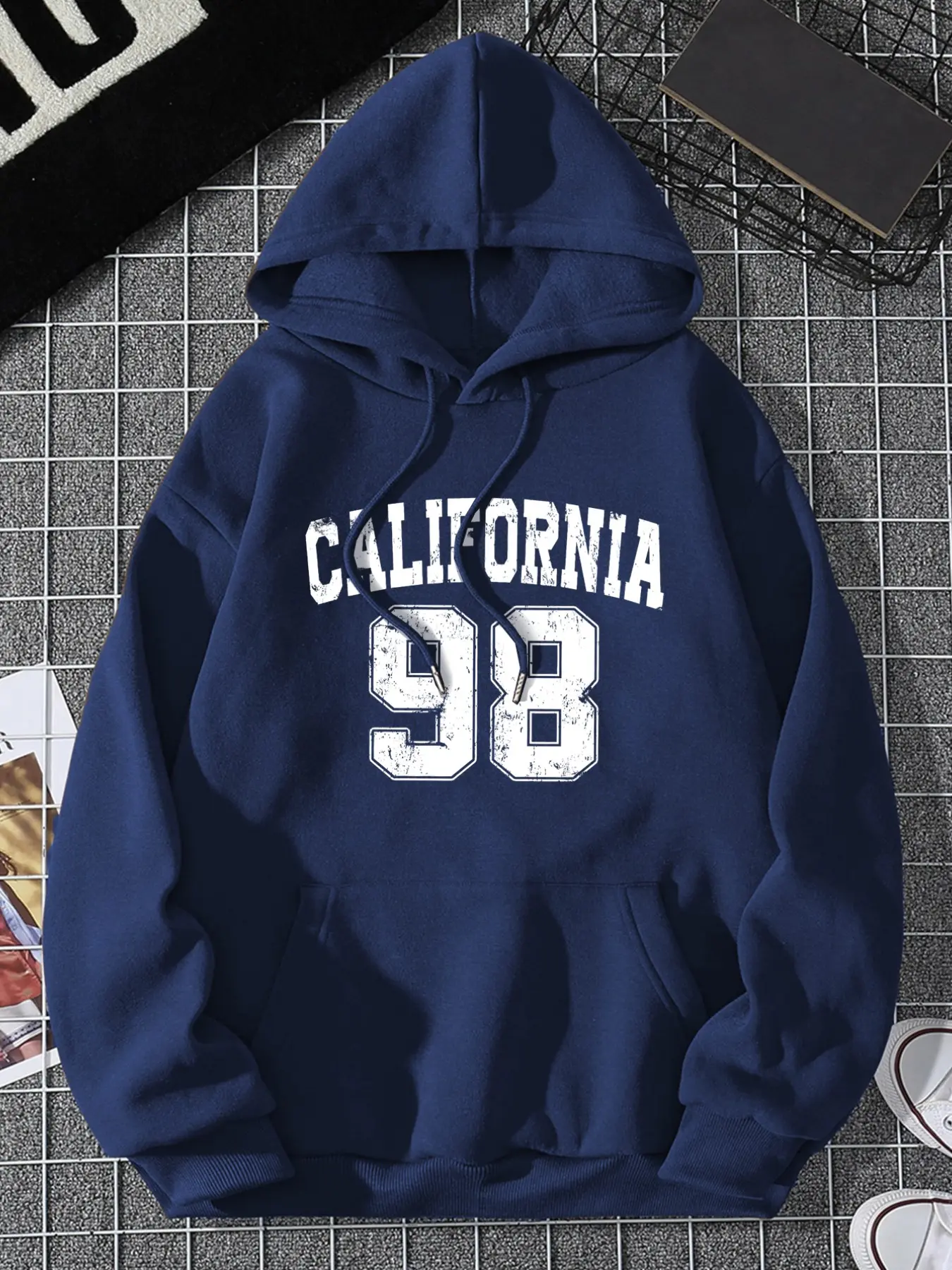 American Vintage California 98 Retro Letter Print Casual Hoodie, Drawstring and Pocket Details, Street Style, Fall & Winter