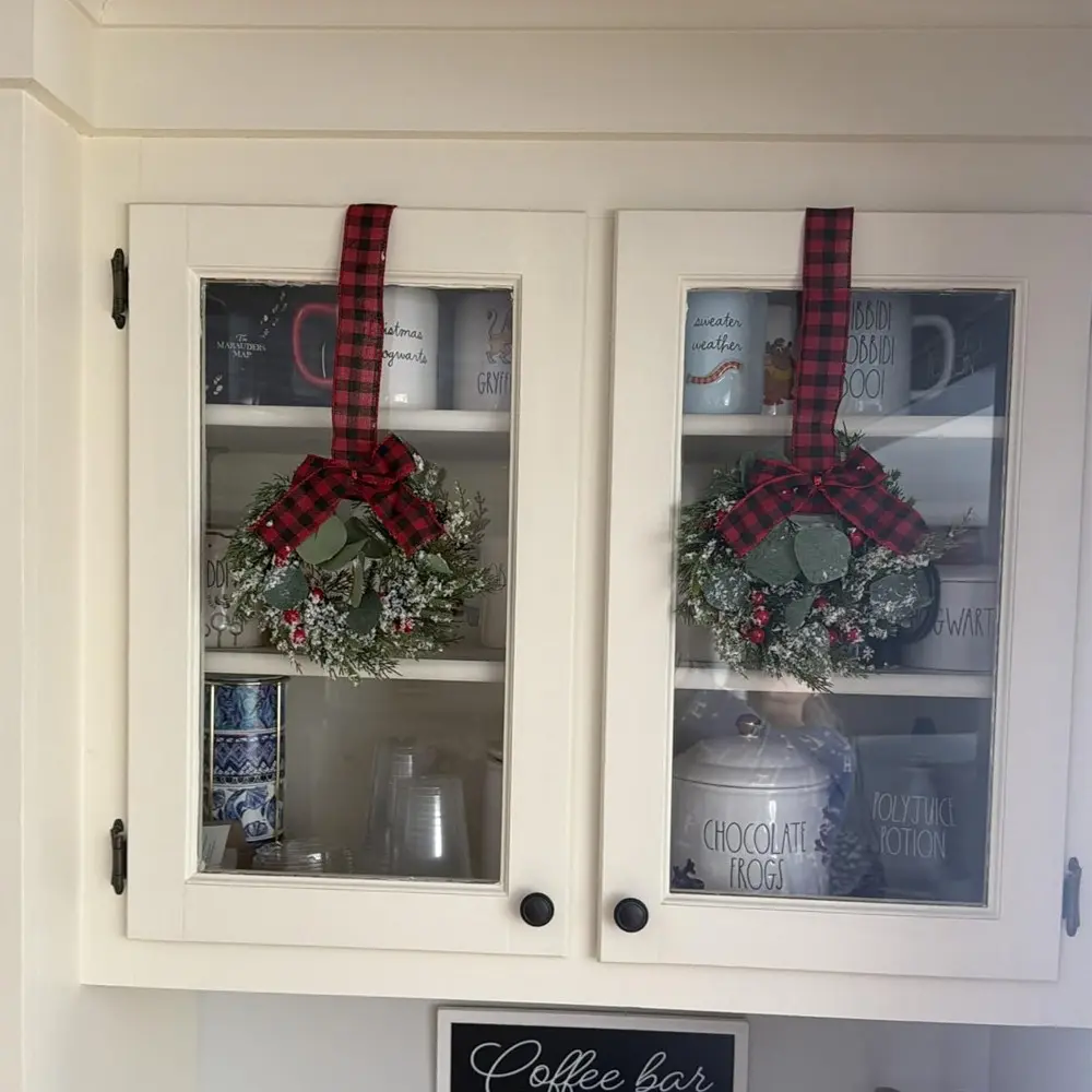 2 Piece Mini Christmas Wreaths, 9 Inch Kitchen Wreath, Berries with Plaid Bow, Holiday Party Decor, Farmhouse Wreath