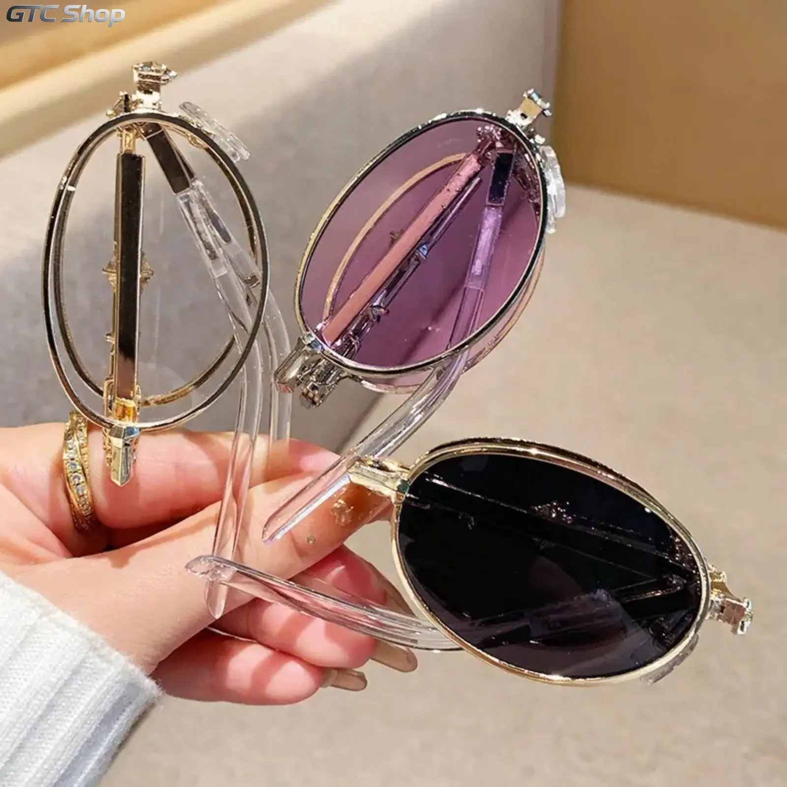 Foldable Small Oval Retro Sunglasses for Men & Women, Metal Frame with Clear Temples UV400 Protection, Vintage Mini Frame Sun Glasses for Daily Streetwear Party Travel