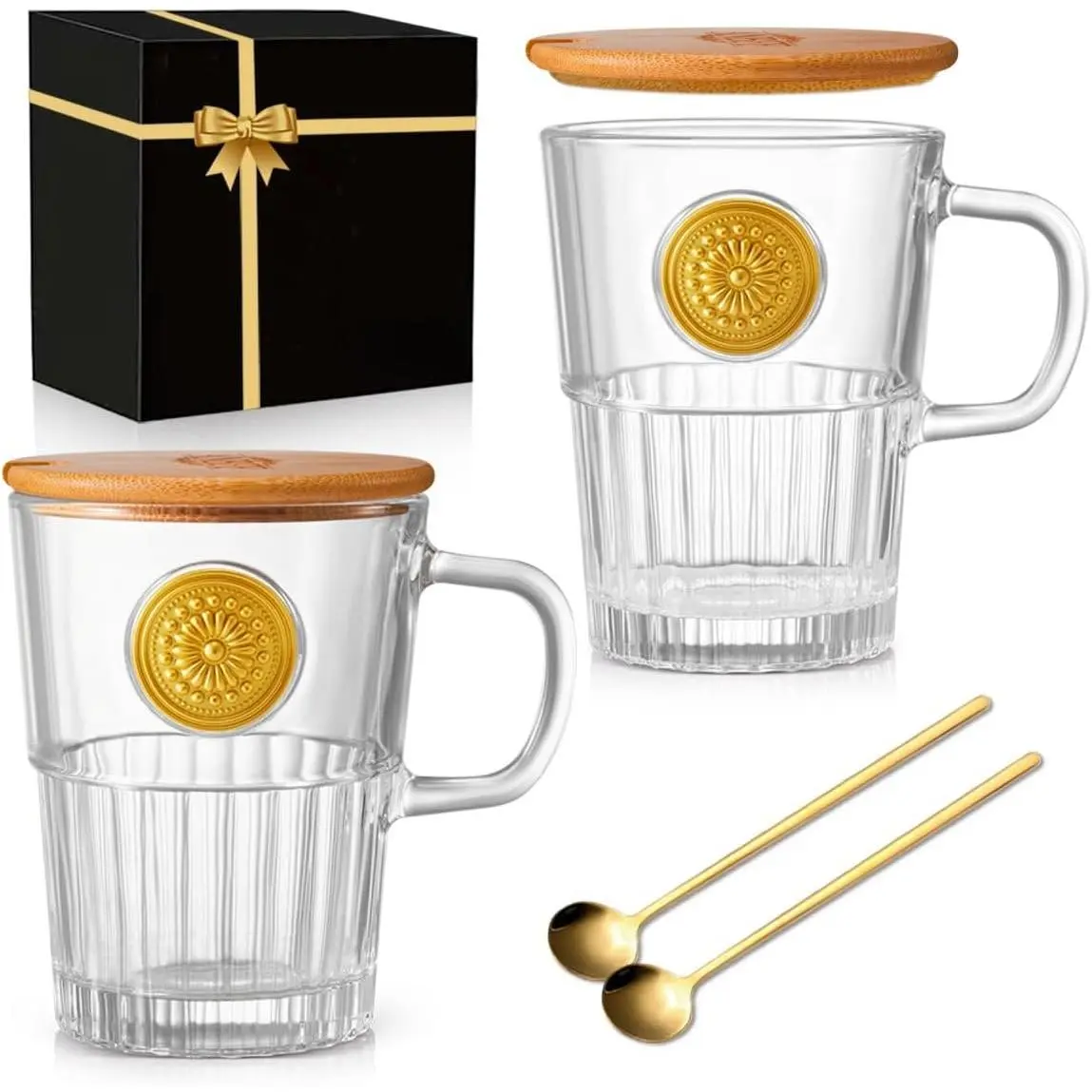 Glass Coffee Mugs Set of 2, 15oz Embossed Glass Coffee Cups with   and Spoons,  Clear  Cups with Handle and  Box - for Cappuccino, Latte, Milk