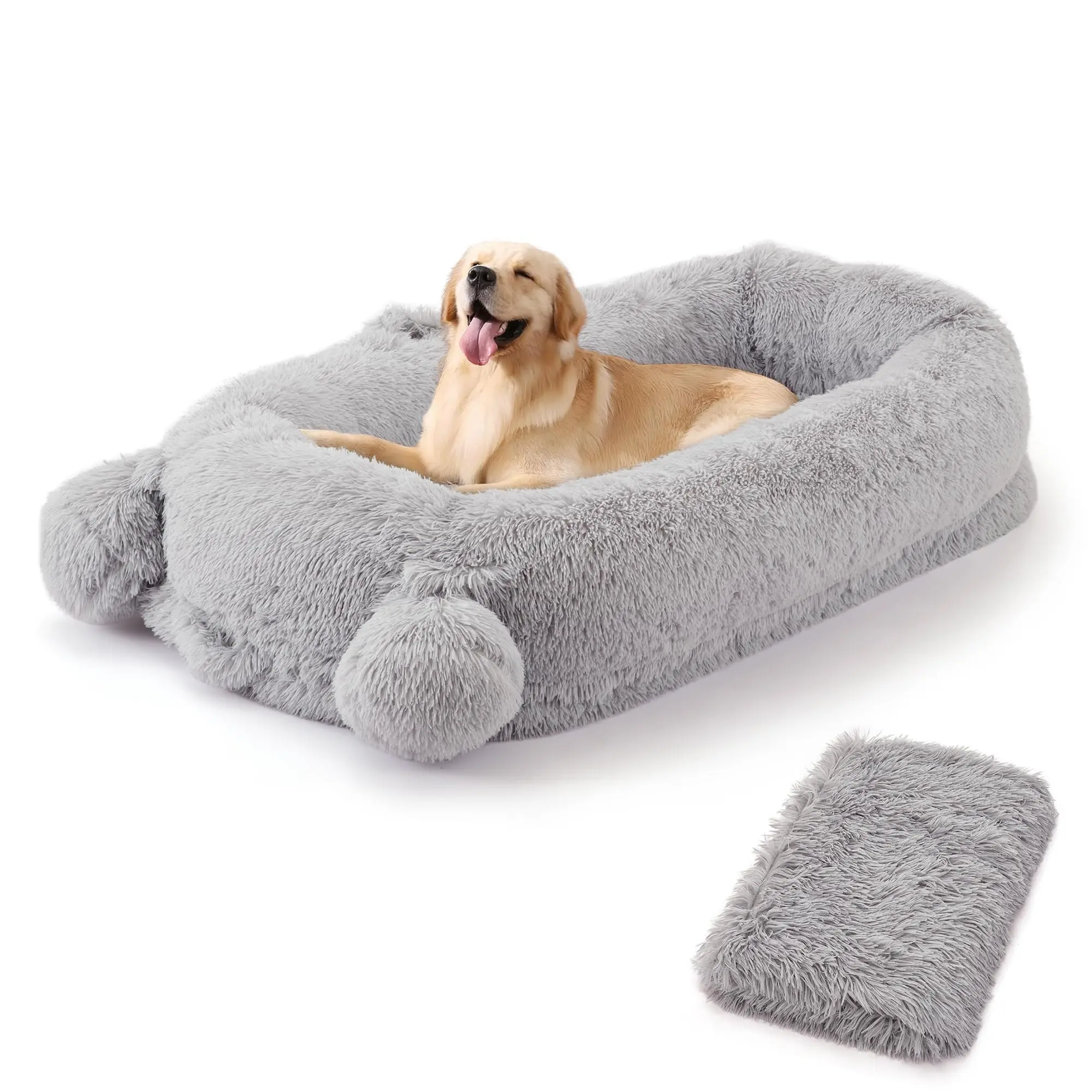 GARVEE Dog Bed, 71x45x12 in Dog Beds Floor Sofa + Blanket, Supportive Foam for Dog Bed Medium Size Dog Lounging, Removable Faux Fur Cat Bed Cover for Small Dog Bed Spaces, Grey