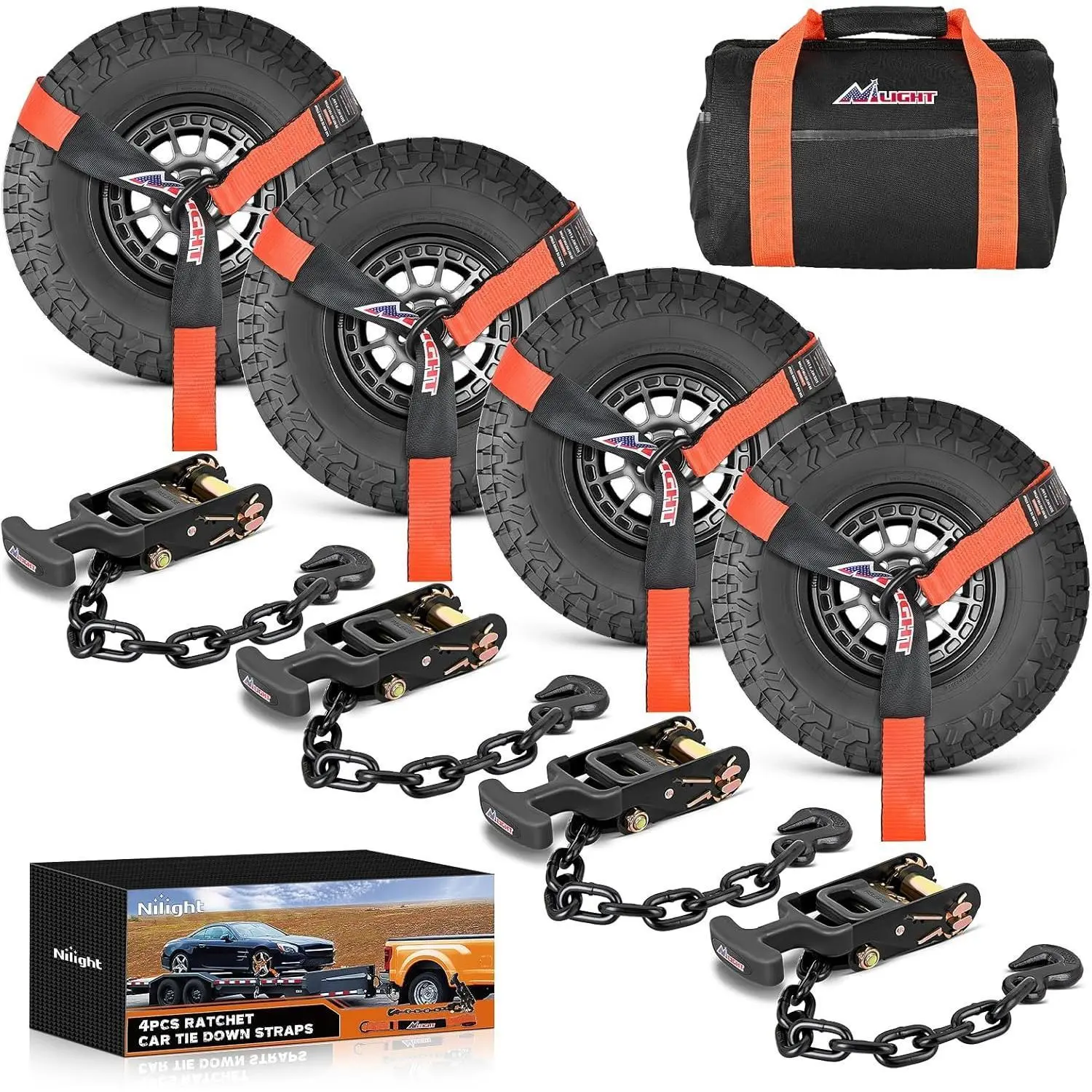 Nilight Polyester Lasso Tie Down Straps 4-Pack, 2 inch x 96 inch with Chain Hook Anchors, Retro-Reflective Thread, T-Handle Ratchet, UV Resistant, 3674 lbs SWL, 11302 lbs Capacity, Storage Bag for Trucks/UTVs (Orange, Shipping Included)