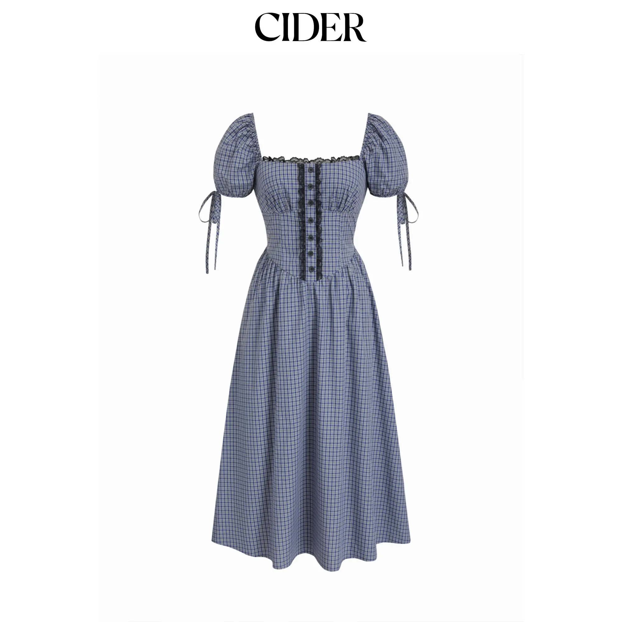 Cider Cotton Plaid Square Neck Knotted Lace Trim Puff Sleeve Midi Dress