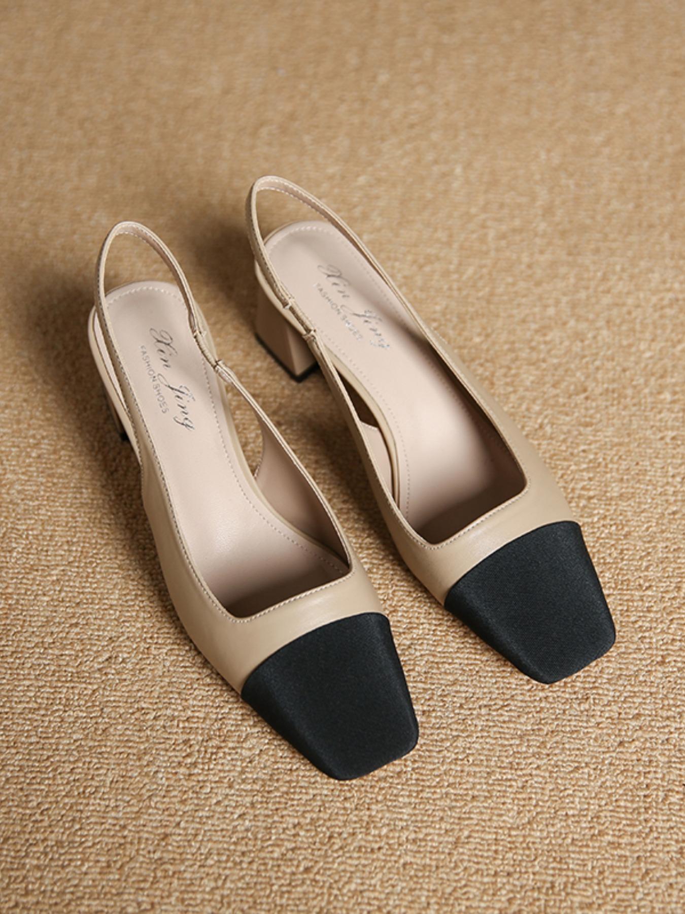 Women's Summer 2024 Colorblock Patchwork High Heel Sandals, Elegant Square Toe Heel Sandals for Party, Daily Clothing Decor, Two Tone Thick-heeled Sandals, Fashionable Slingback Sandals