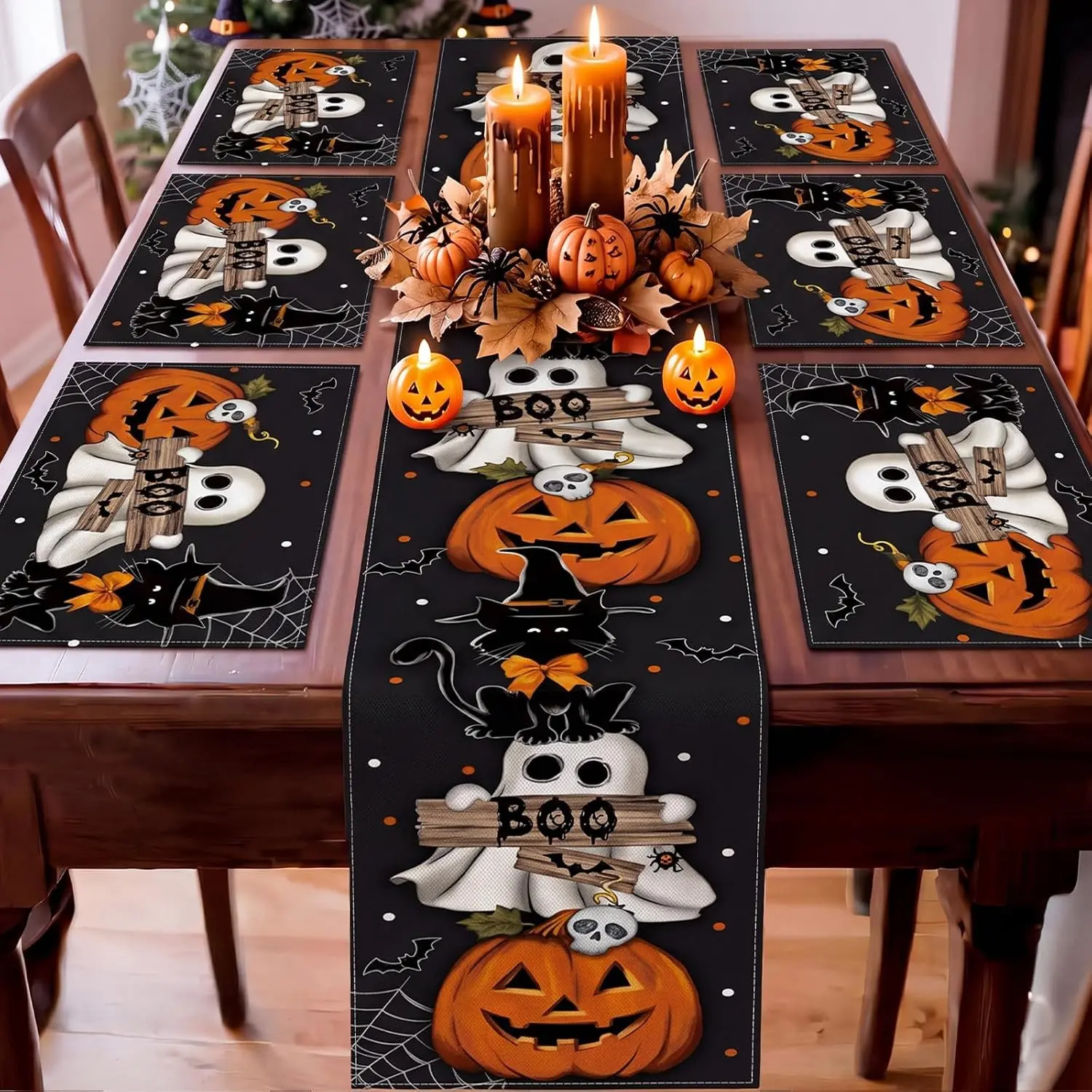 2D flat printing, 1 piece/4 pieces/6 pieces/8 pieces set Halloween tablecloth and placemat set Boo, Spooky, Black Cat, Ghost, Pumpkin suitable for holiday, kitchen, restaurant, party, wedding decoration