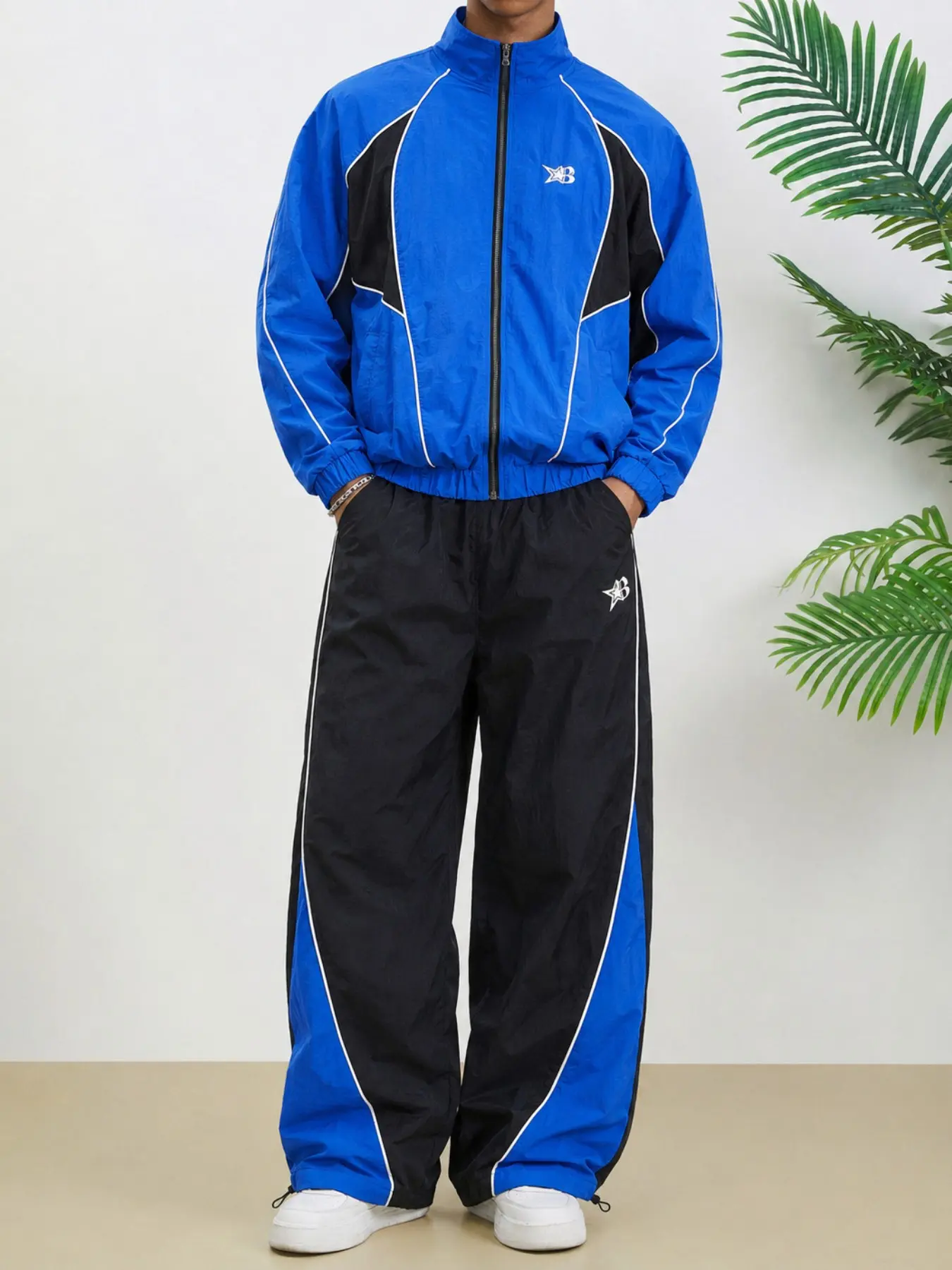 Men's Gorpcore Windbreaker Jacket and Track Pants Set | Contrast Piping Detail Waterproof Lounge Set | Loose Fit Sporty Two Piece Outfit for High Street Hip Hop Style Casual Loose Tracksuit