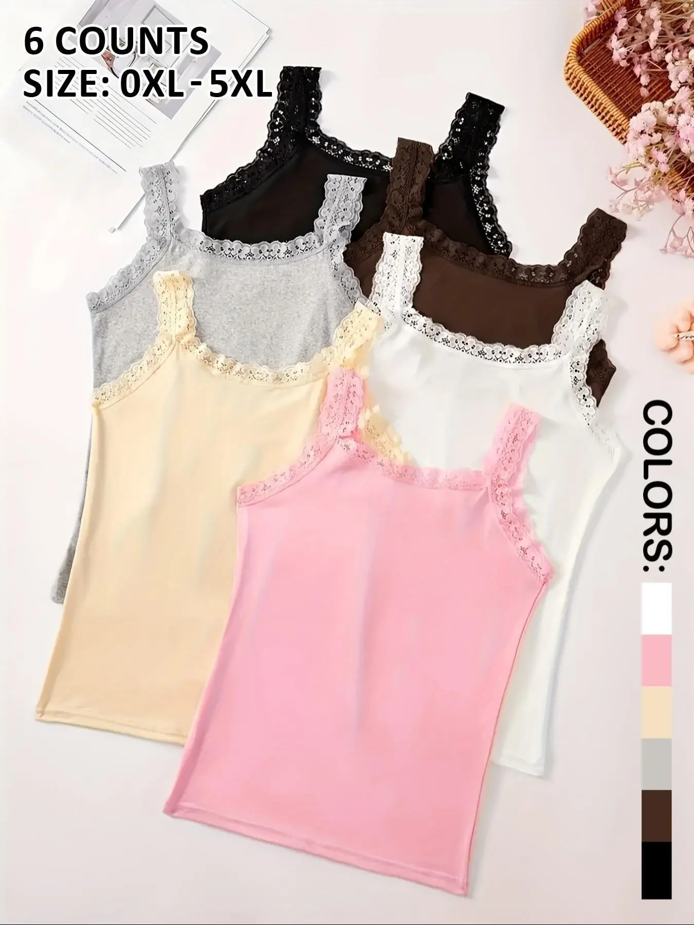 3 Pieces/6 Pieces Women's Plus Size Comfortable Casual Sleeveless Lace Trim Camisole Knitted Tank Top Underwear Sleepwear, Multi-Color, Wearable Outside, Loungewear