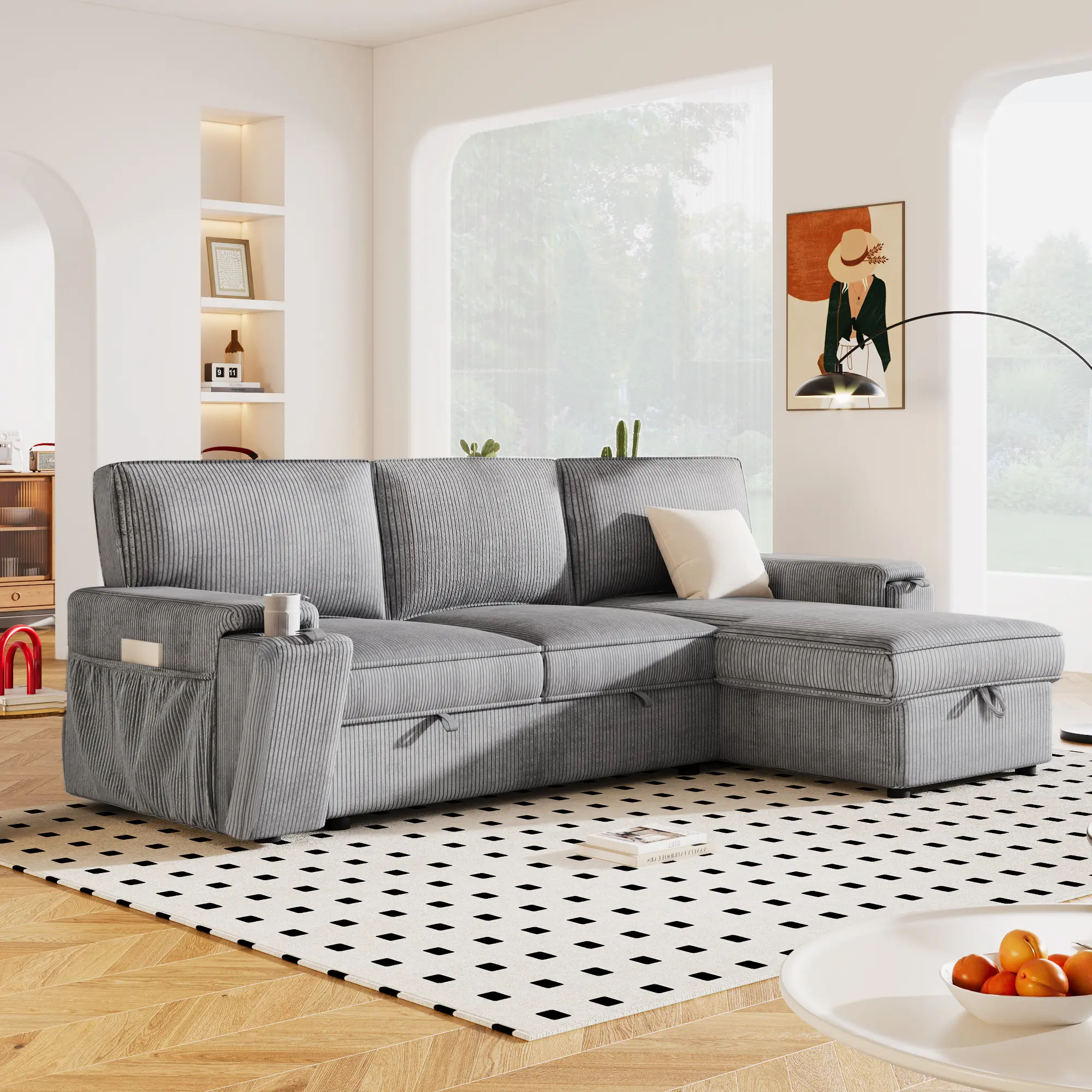 Nokaa 3-Seat Polyester Upholstered Sleeper Sectional Sofa - Wood Frame, Storage Bags, Cup Holders, Convertible Couch for Living Room, Apartment, Three Seats