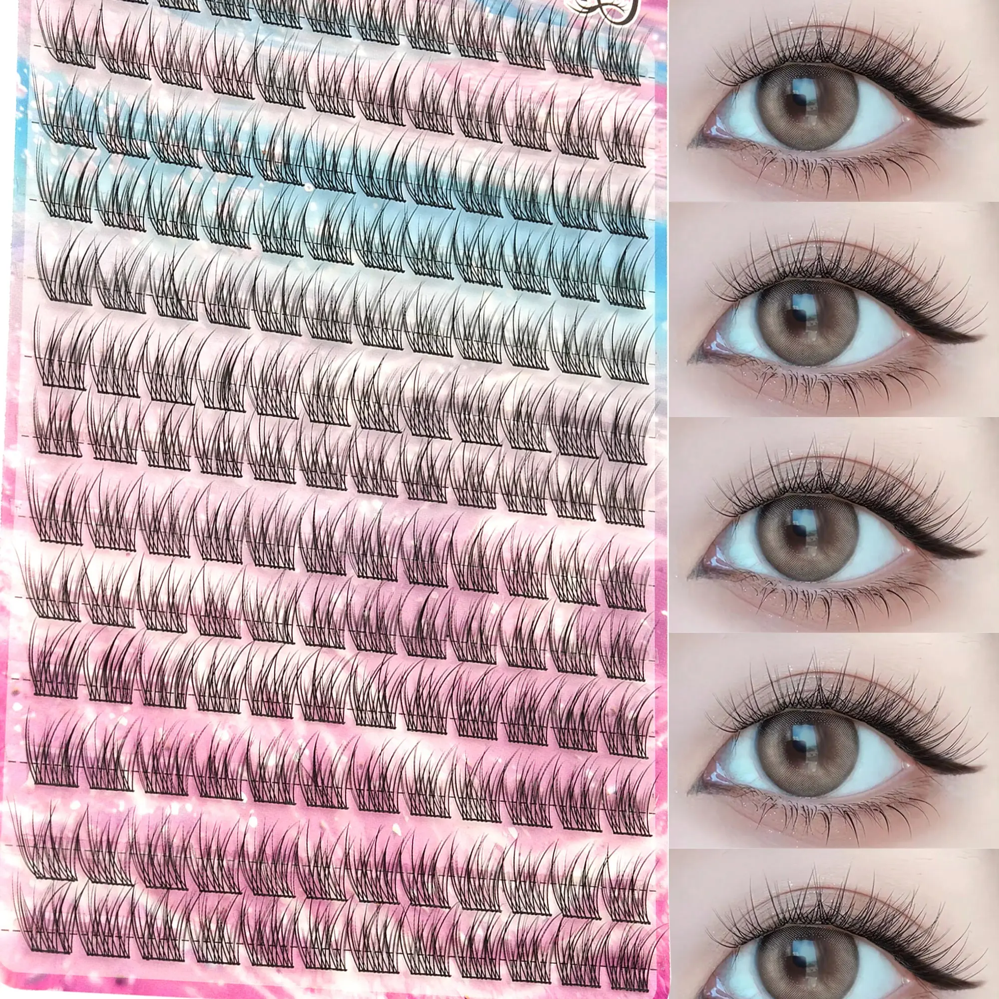 156 Pcs Fish Tail Comic Natural Segmented False Lashes, Ultra Lightweight Soft Fibers, No Glue Residue, Home Use, Invisible Daily Wear