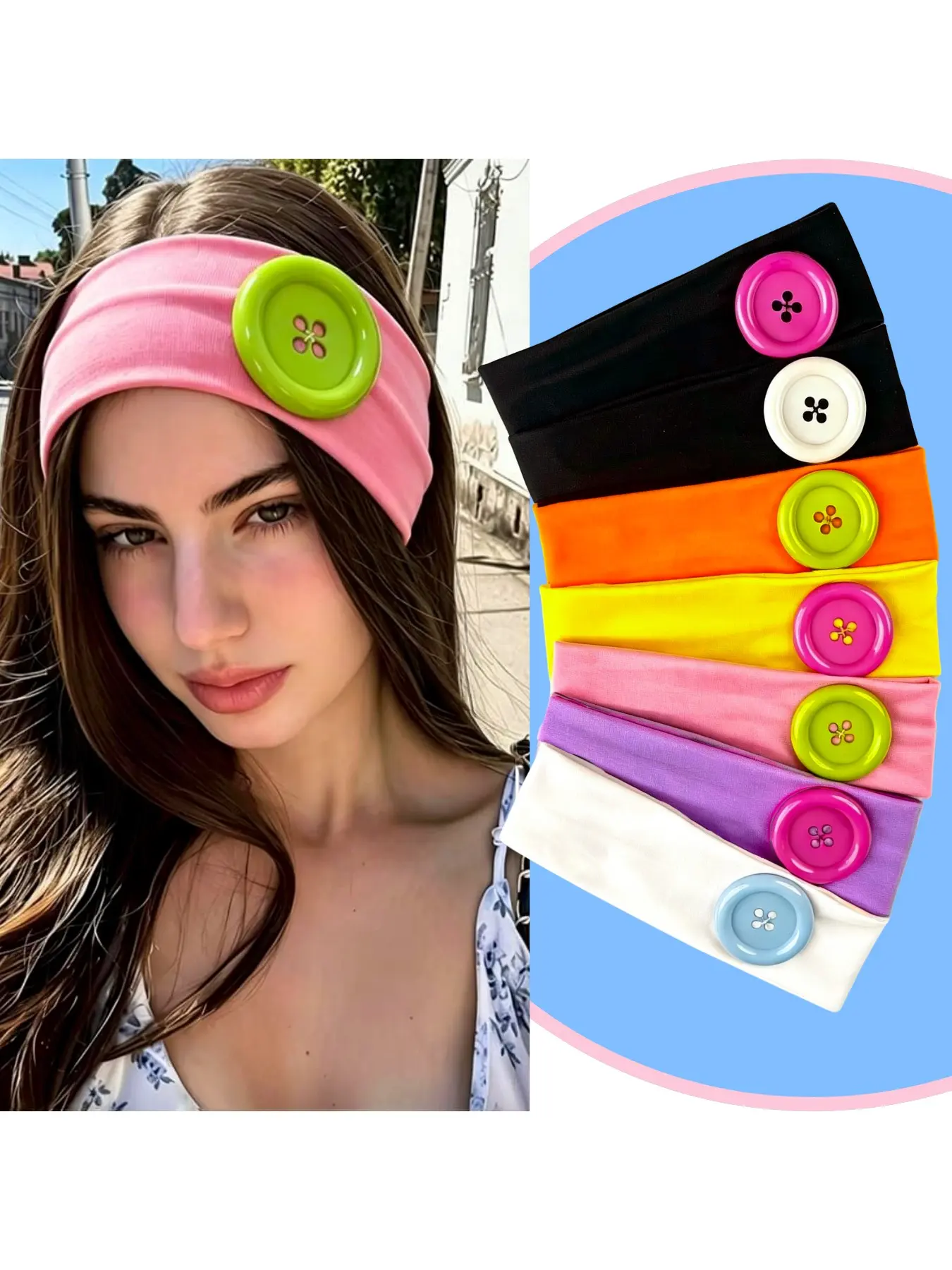 Oversized Button Headbands for Women and Girls, Quirky Giant Button Hair Accessories, 4PCS,7PCS Retro Dopamine Wide Stretchy Hairbands for Y2K Costume Party (Bright colors)