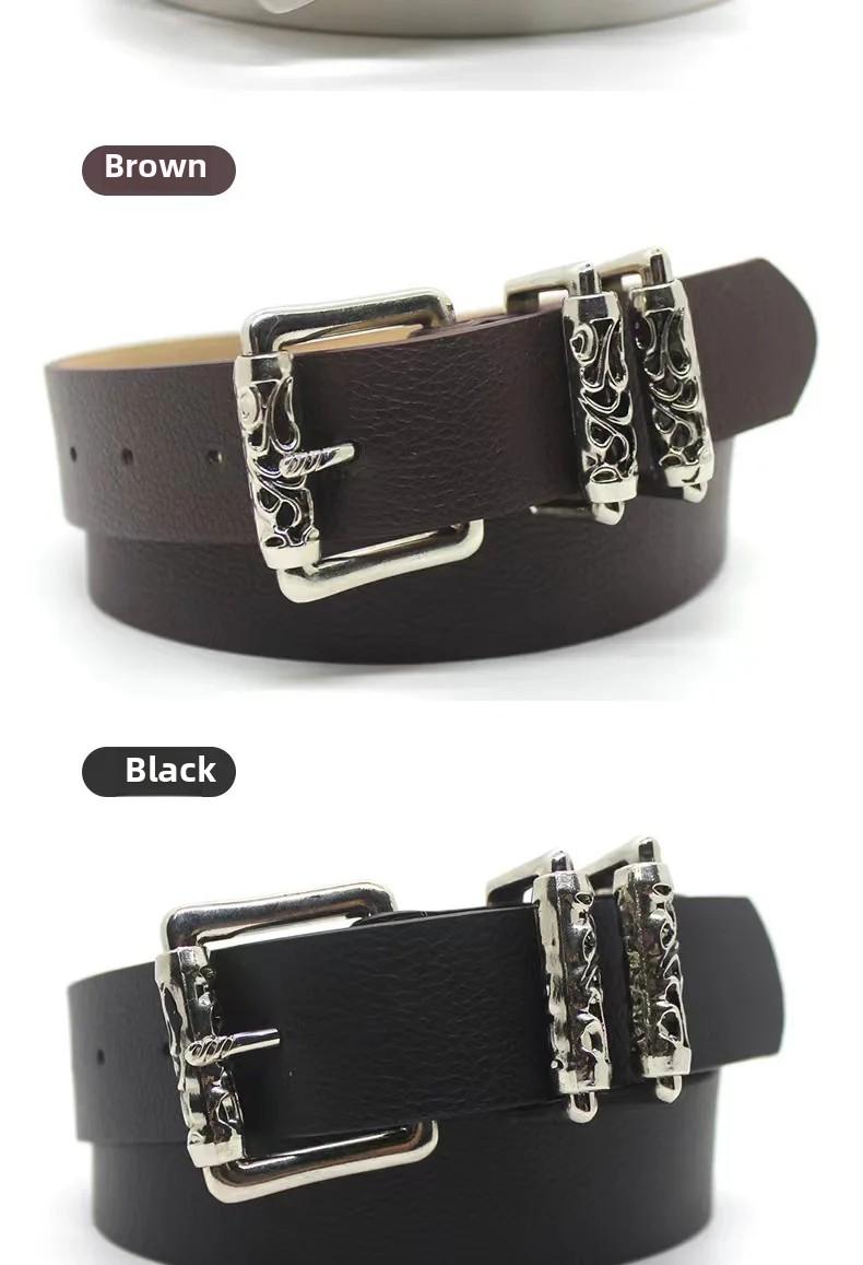New Silver Alloy Engraved Roller Buckle Hollow Punk High Street Fashion Belt for Men And Women
