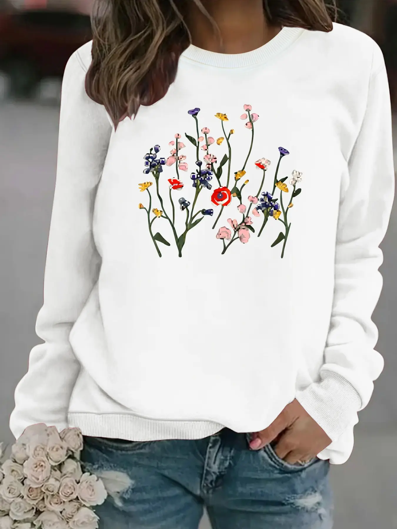 Women's Boho Floral Print Round Neck Fleece Sweatshirt, Casual Long Sleeve Loose Fit, All Seasons Comfort