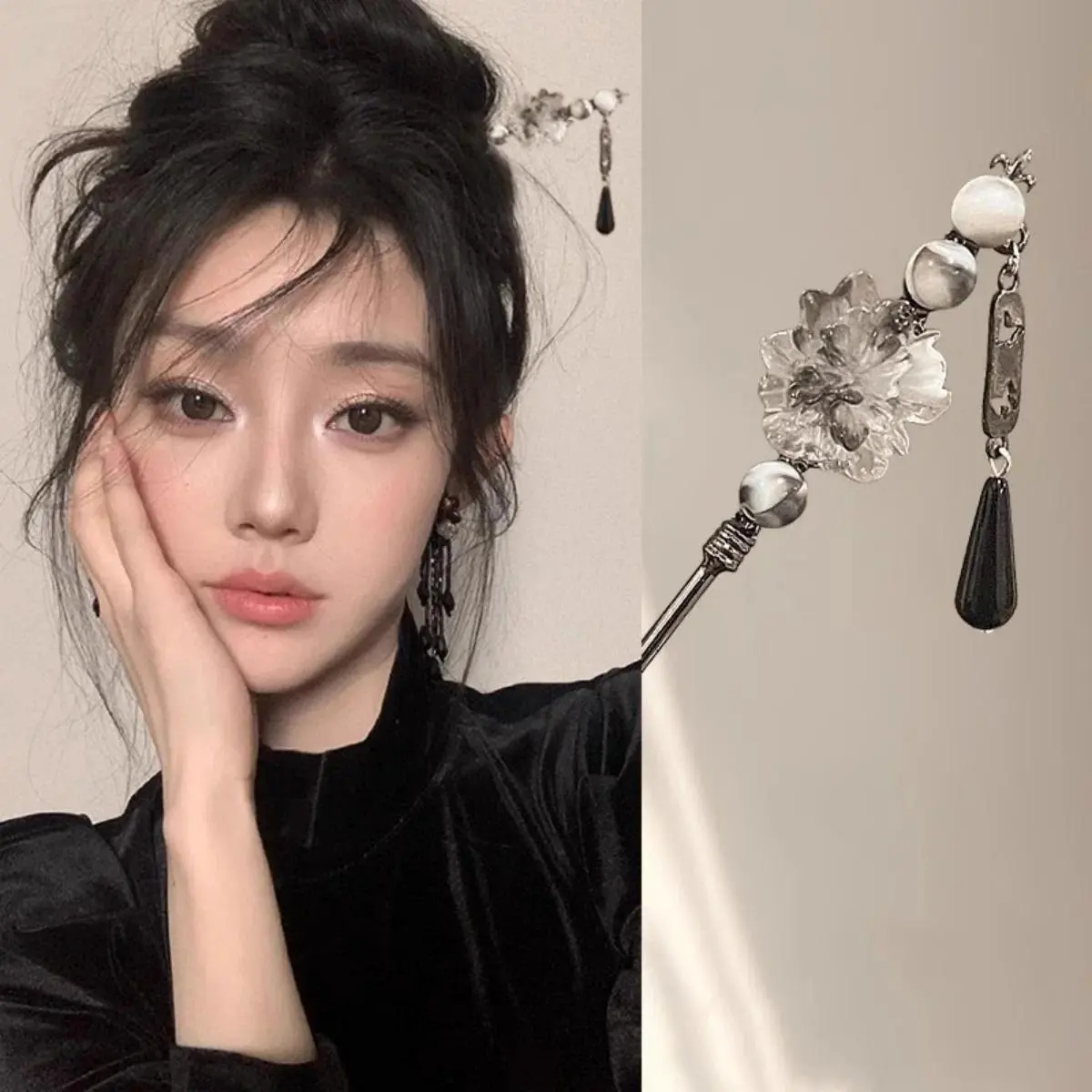 Neo-chinese Style Flower Hairpin Ink Colored Flower Tassel Hair Stick For Women Elegant Exquisite Metal Jewelry Hair Accessory