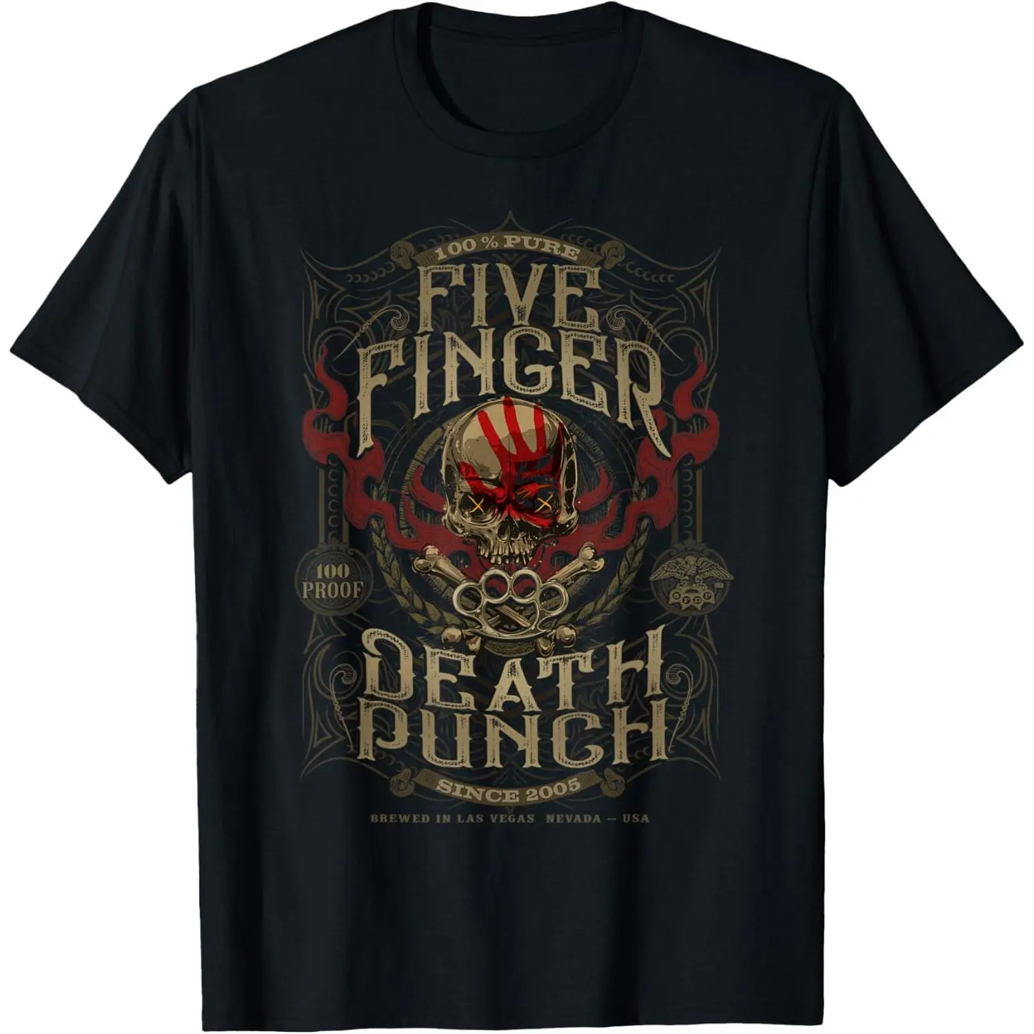 Five Finger Death Punch Graphic T-Shirt Vintage Whiskey Bottle Label Art Red Striped Skull Cross Bone Brass Knuckles Gold X Eyes Red Smoke Ornate Scroll Frame 100 Pure 100 Proof Since 2005 Brewed In Las Vegas Nevada USA Western Retro Dark Hard Rock Groove