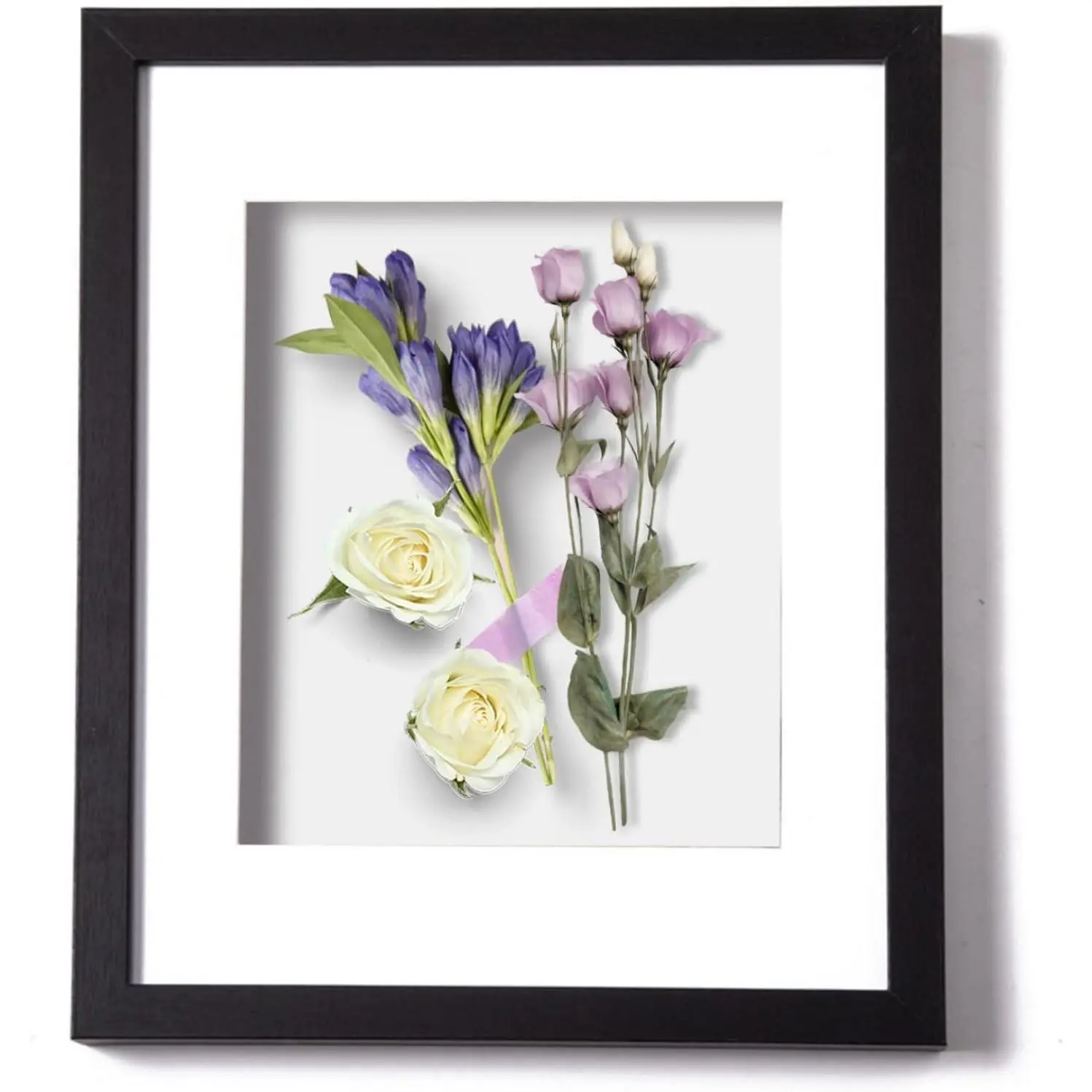 8x10 3D Wood Shadow Box Picture Frame with Glass Cover, Display Case with Mat for Wall-Hanging or Free-Standing Picture Showcase, Black