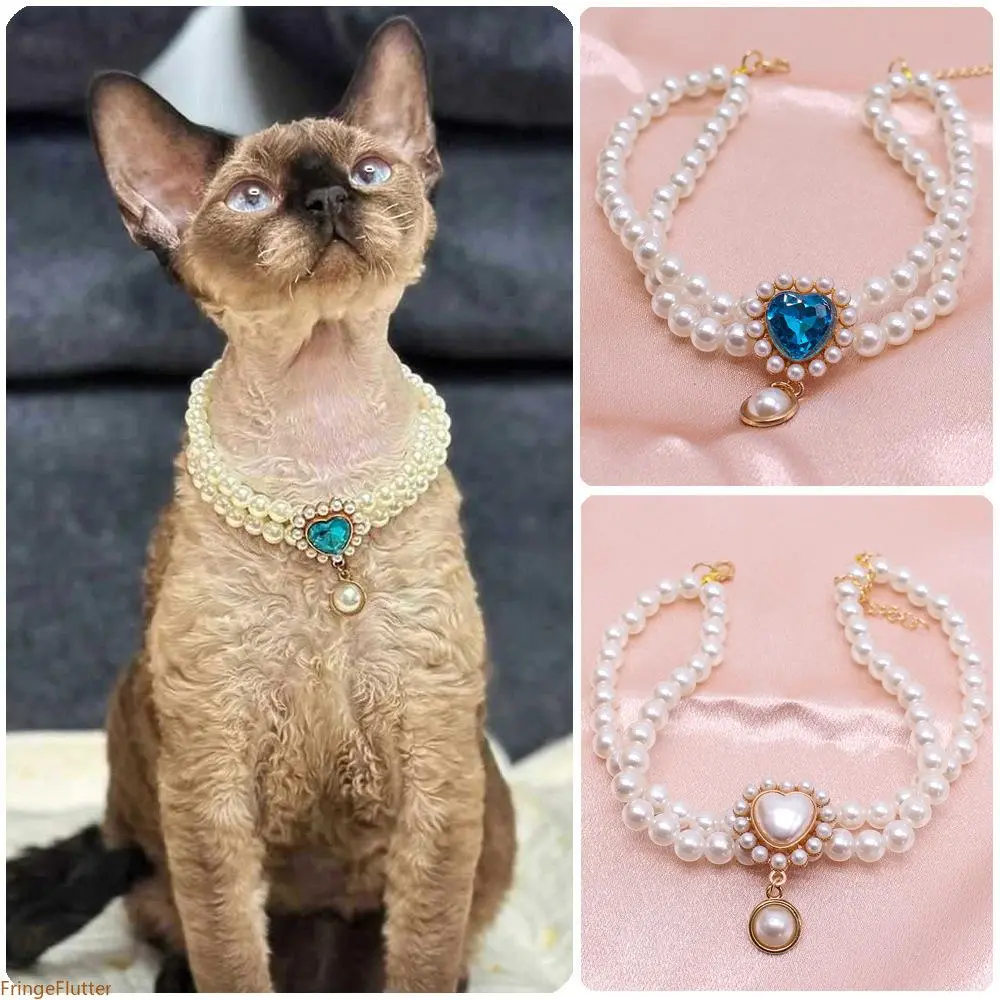 New Double-Layer Pet Pearl Necklace, Princess Style Gemstone Pendant Collar for Cats & Dogs