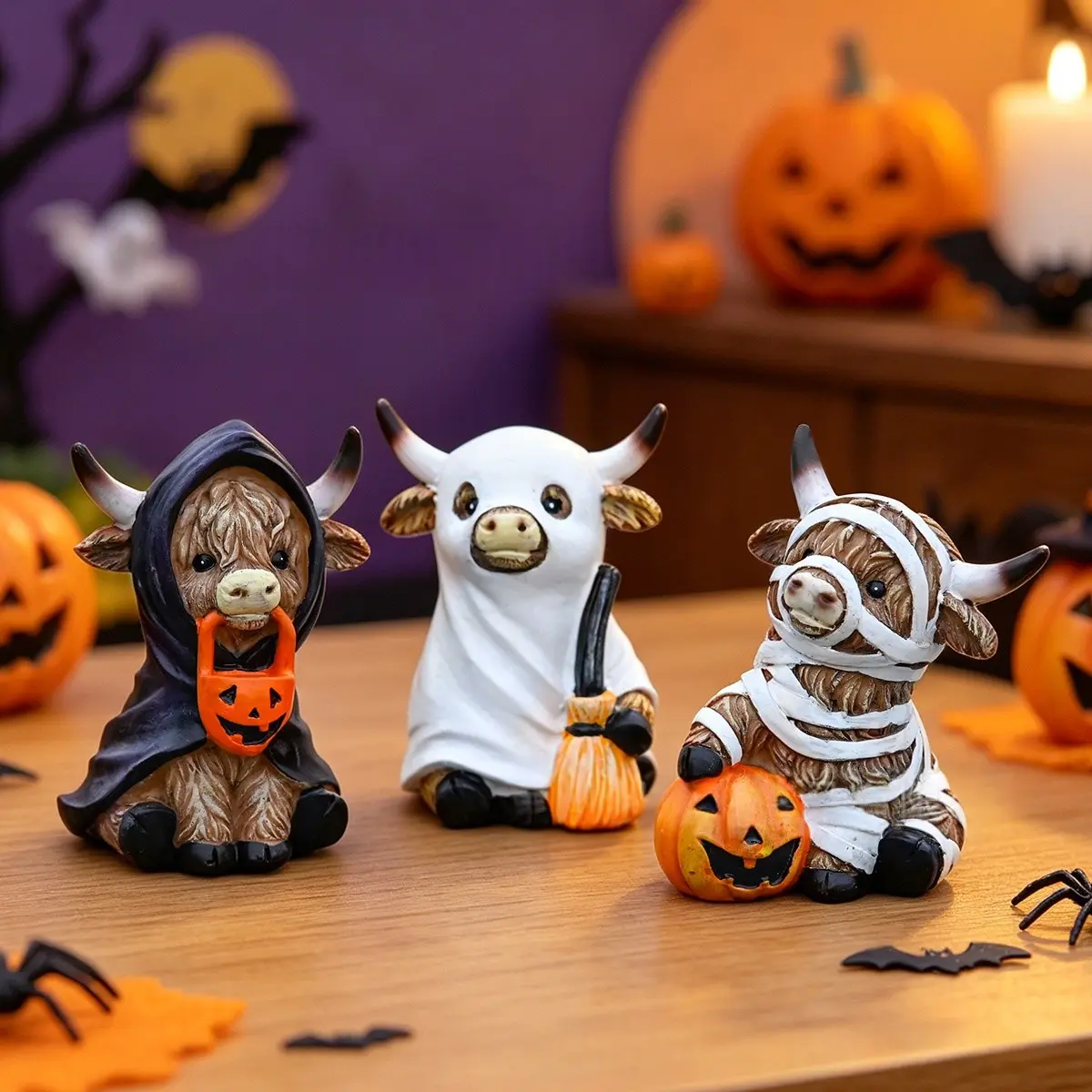 Halloween Highland Cow Collectible Statue, Resin Craft Ornament, Indoor/outdoor Decor, Office Desk Decoration, Halloween Gift, Decorative Sculptures